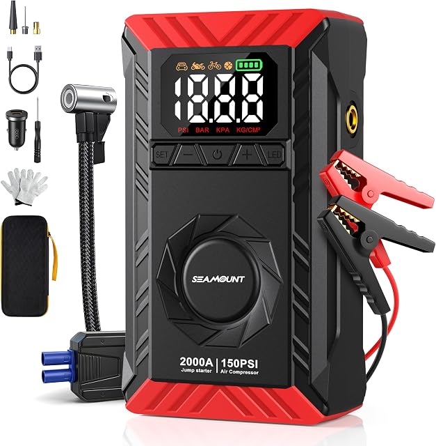 SEAMOUNT 2000A Jump Starter with Air Compressor, Portable 12V Car Battery Booster & Charger for 6.0L Gas & 3.0L Diesel, 150PSI Auto Shut-Off Tire Inflator, USB Power Bank, LED Light, Emergency Kit