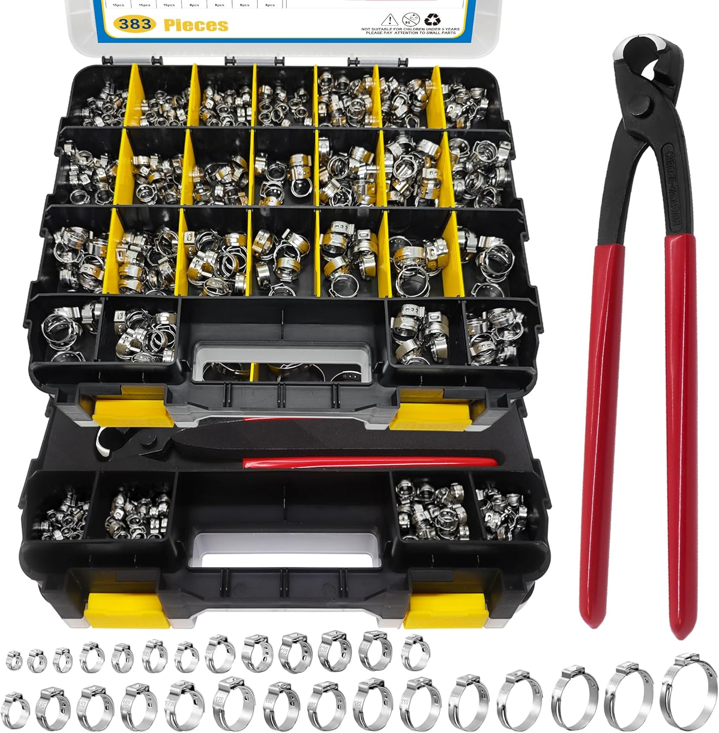 383PCS 28 Sizes Single Ear Hose Clamps, 304 Stainless Steel Ear Clamps, 5.3-33.1mm Stepless Adjustable Cinch Clamps for Automotive, Home Appliance Line and Plumbing, Double Sided Organizer