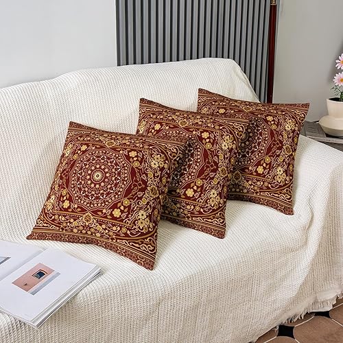 Miniatura 4 de Paquete de 4 fundas de almohada retro florales de 18 x 18 pulgadas, fundas de almohada tribales exóticas, estilo bohemio, antiguo, retro, rojo y