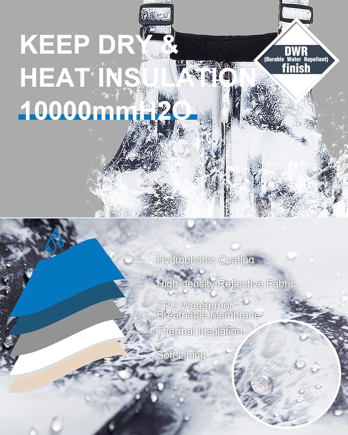 CREATMO US Boy's Snow Bibs Kids Ski Pants Waterproof Insulated Winter Overalls