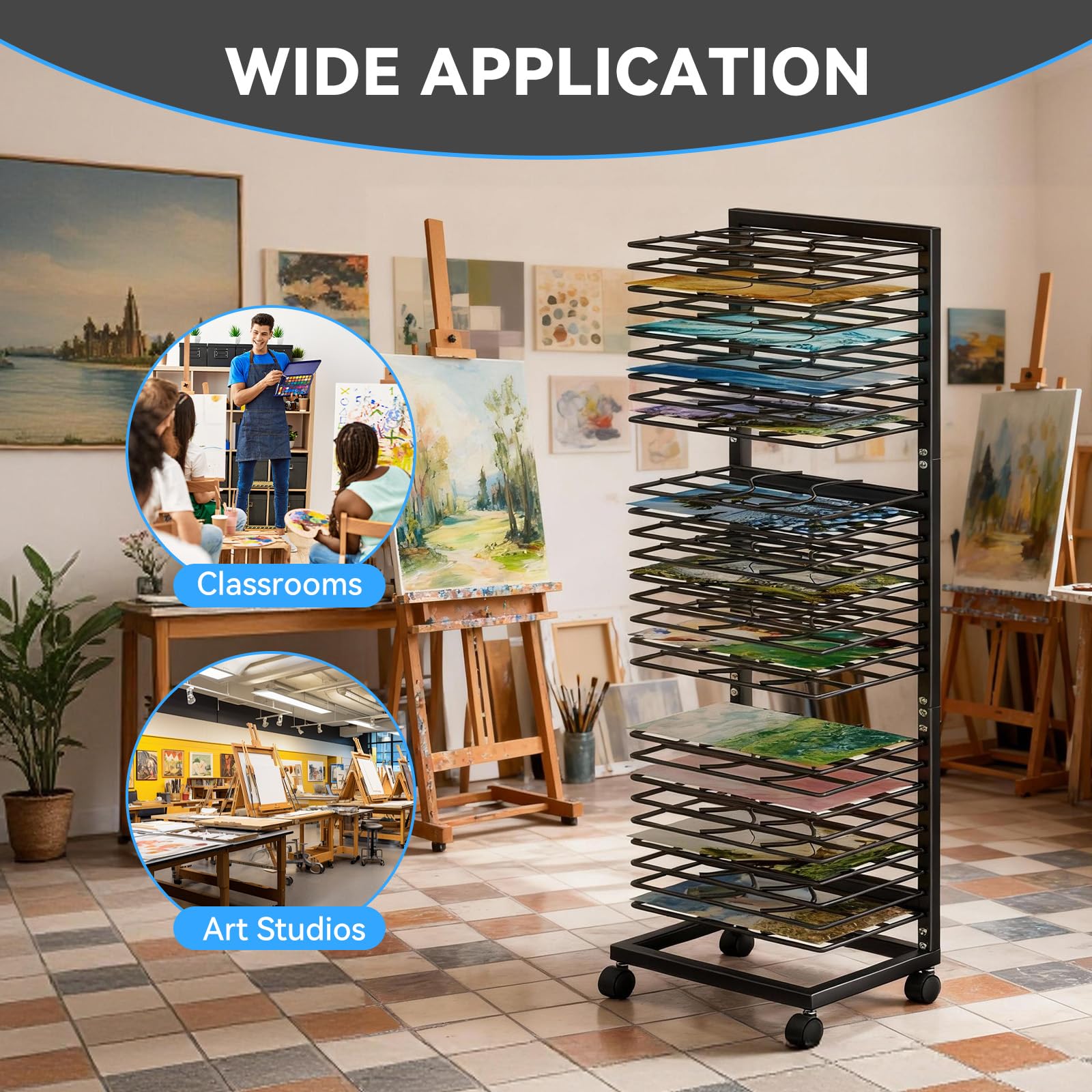 Stendino per Pittura,Stendino per Quadri con 27 Ripiani Rimovibili,4 Ruote Bloccabili,Supporto per l’Asciugatura di Opere d’Arte, per Studio, Laboratorio e Scuola