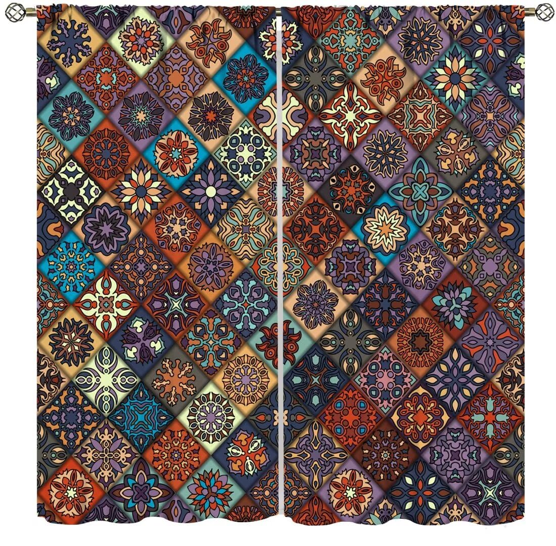 DDCBNS Ethnic Geometric Printed Curtains,Vintage Floral Mandala Design Semi Blackout Window Treatments for Living Room Kitchen Colourful Rustic Drapes