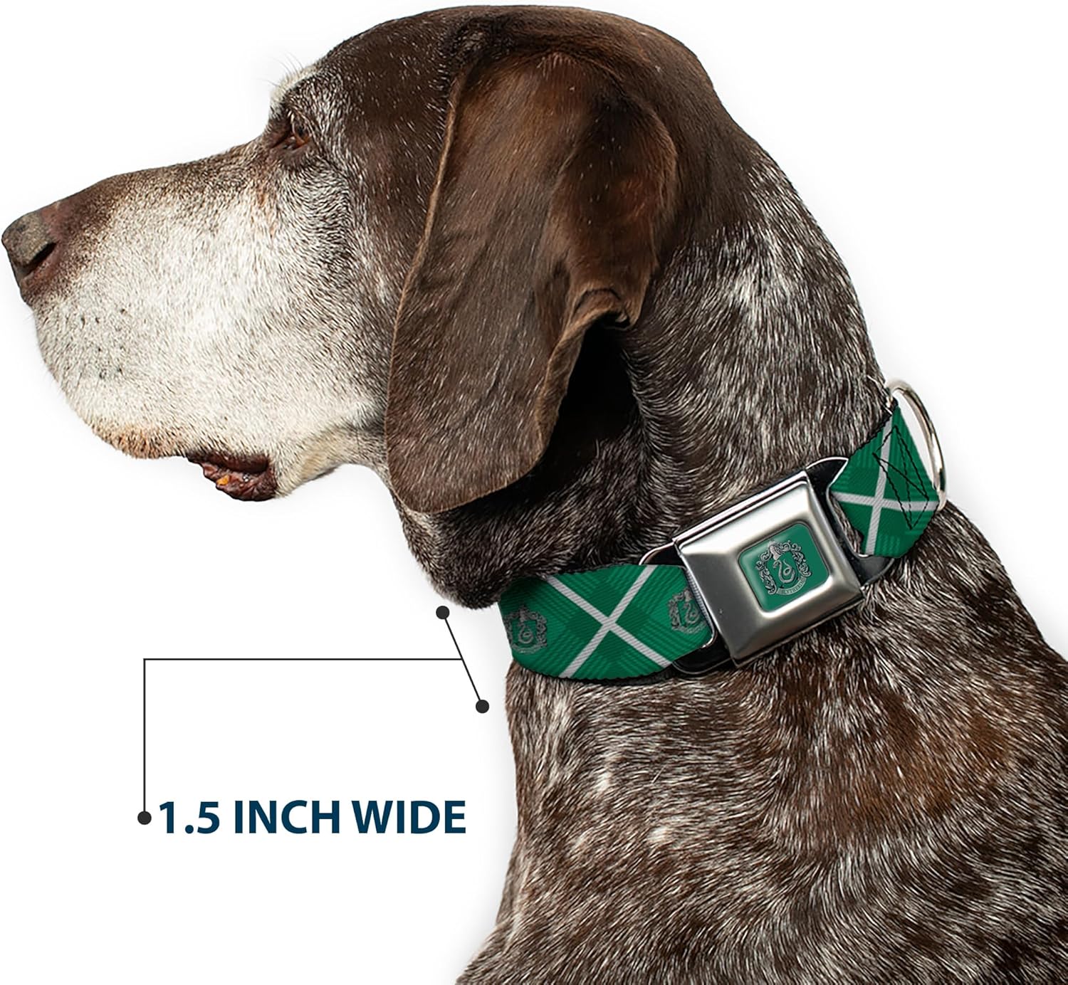 Dog Collar Seatbelt Buckle Harry Potter Slytherin Crest Plaid Greens Gray 16 to 23 Inches 1.5 Inch Wide