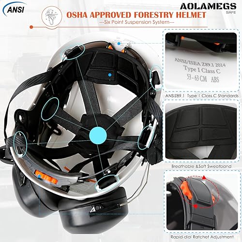 Miniatura 6 de Aolamegs Safe Chainsaw Helmet with Face Shield and Ear Muffs and Inner Visor Kit -OSHA Approved Arborist Helmet,Vented Forestry Safety Logging