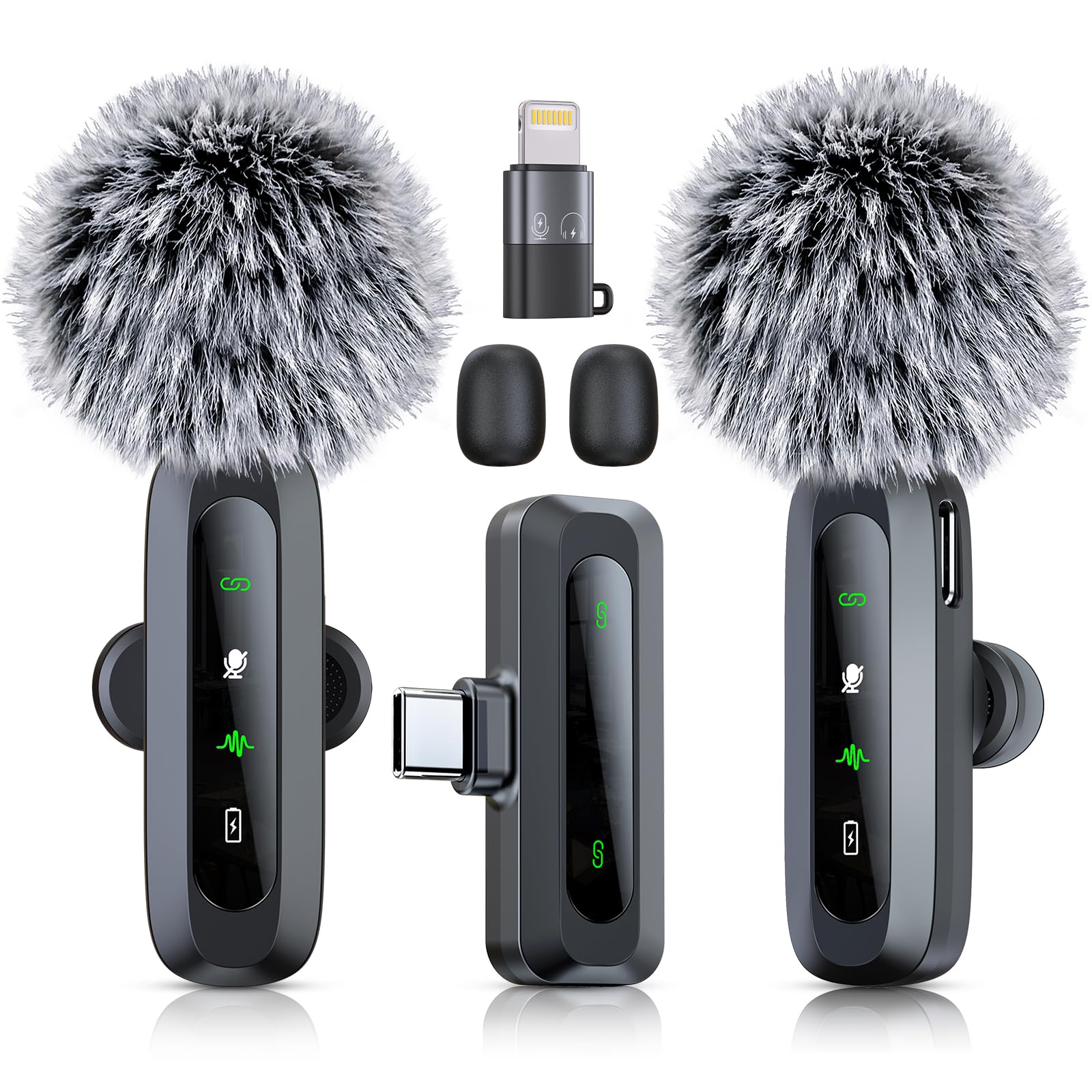 CDMVAB 2 Pack Wireless Lavalier Microphone for iPhone 15 16, iOS and Android Phone, USB C Mini Microphone LED Display Clip on Mic for Video Recording TikTok YouTube Vlog