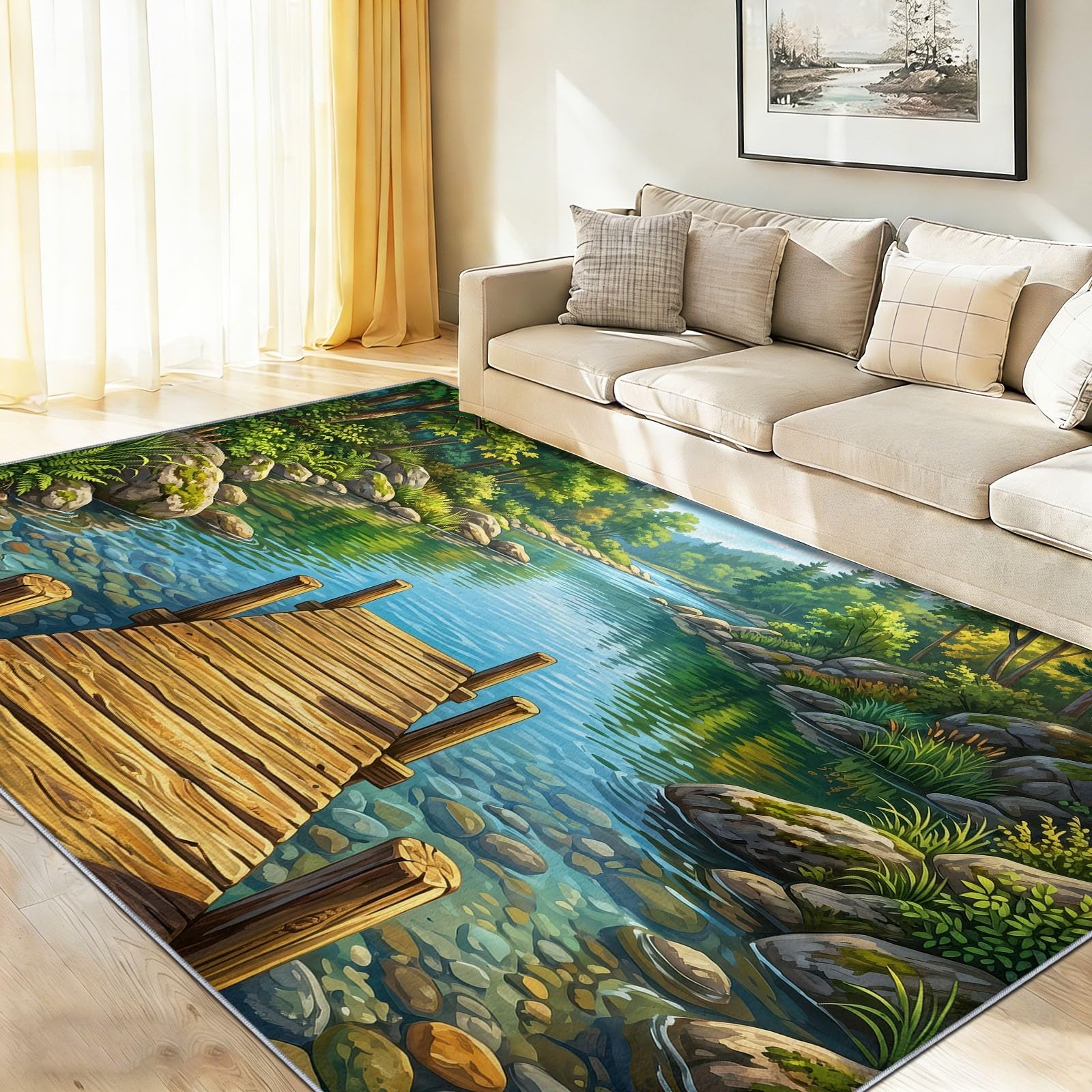 Paysage Naturel Tapis Salon - Lavable Tapis Imprimé, Passerelle Bois Rivière Végétation - Doux Moquette pour Chambre, Tapis Descente De Lit Antidérapant, Salle à Manger - Vert 140 x 200 cm