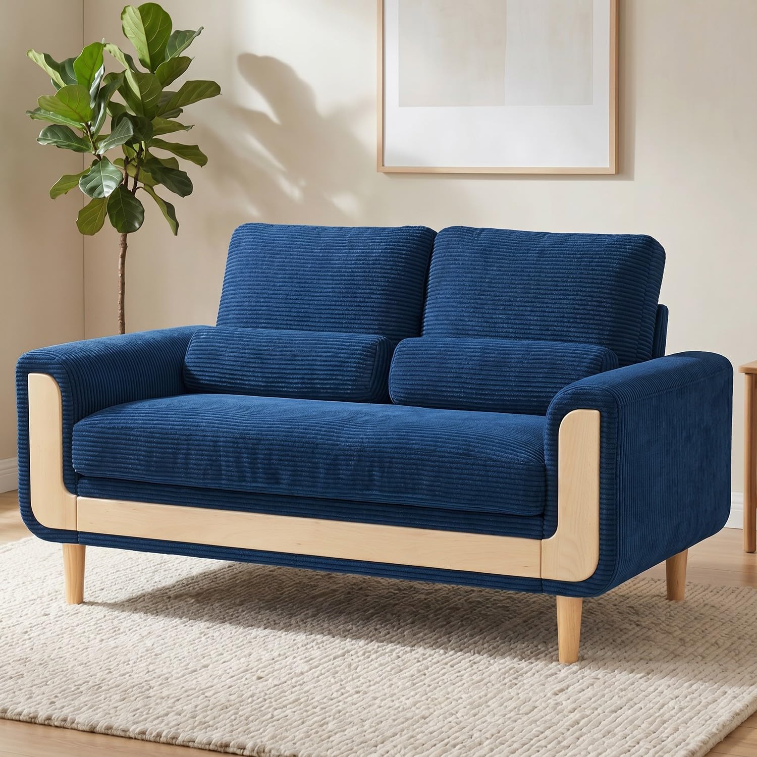 Hroth Corduroy 2 Seater Sofa, Modern Scandinavian Fabric Couch with Solid Wood Frame, Compact Upholstered Loveseat for Living Room, Small Space Sofa, Blue