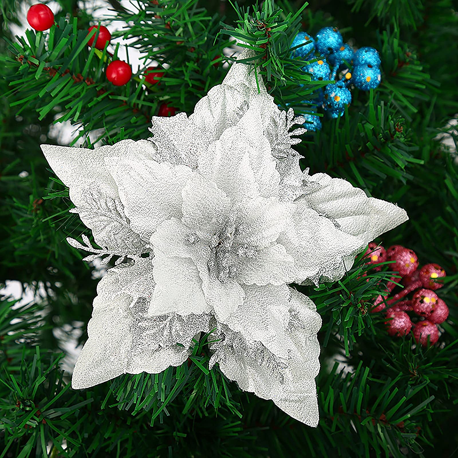 LEMCC 10PCS Christmas Glitter Poinsettia Flowers Silk Glitter Poinsettia Xmas Tree Ornaments Artificial Christmas Flowers Ornaments for Christmas Tree Wreath Decorations, Silver