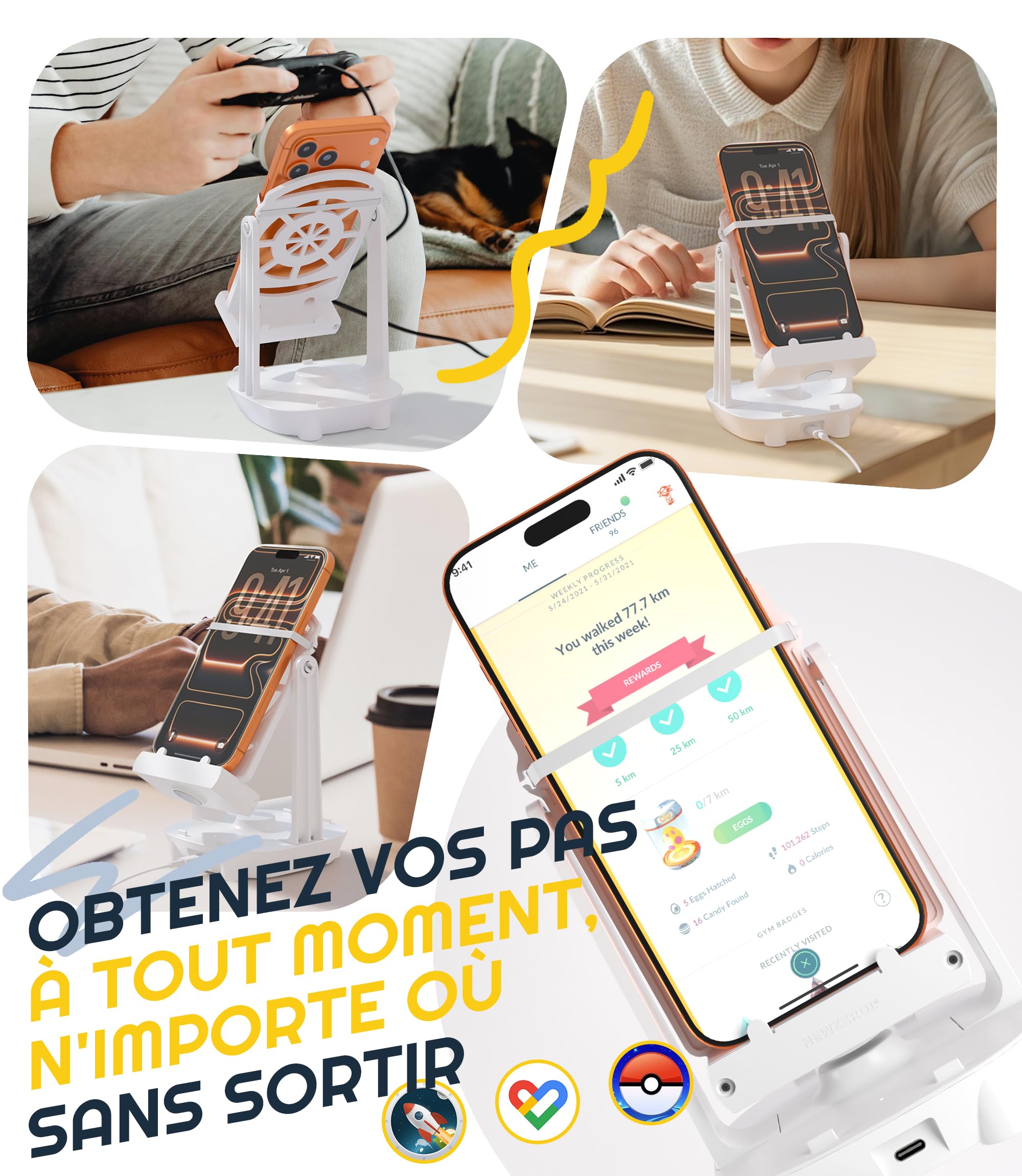 NEWZEROL Podomètre Téléphone Portable Compatible pour Pokemon Go/Pokemon Go Plus, [Œufs à Couver ou Bonbons Copains] [Version Muette] Équipement Accessoire pour Marches d'accès Rapide - Blanc