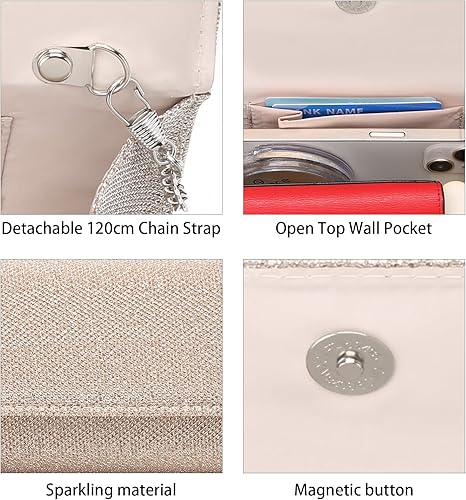 Miniatura 4 de Bolsos de mano para mujer, bolso de noche con cadena desmontable para mujer, bolso de fiesta brillante para mujer, bolsas de boda Oro