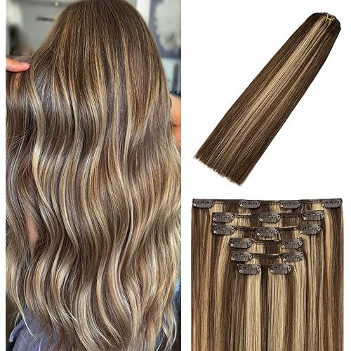 Clip in Hair Extensions Human Hair Balayage Chocolate Brown to Dark Blonde 70g #4p27 22Inch 7PCS