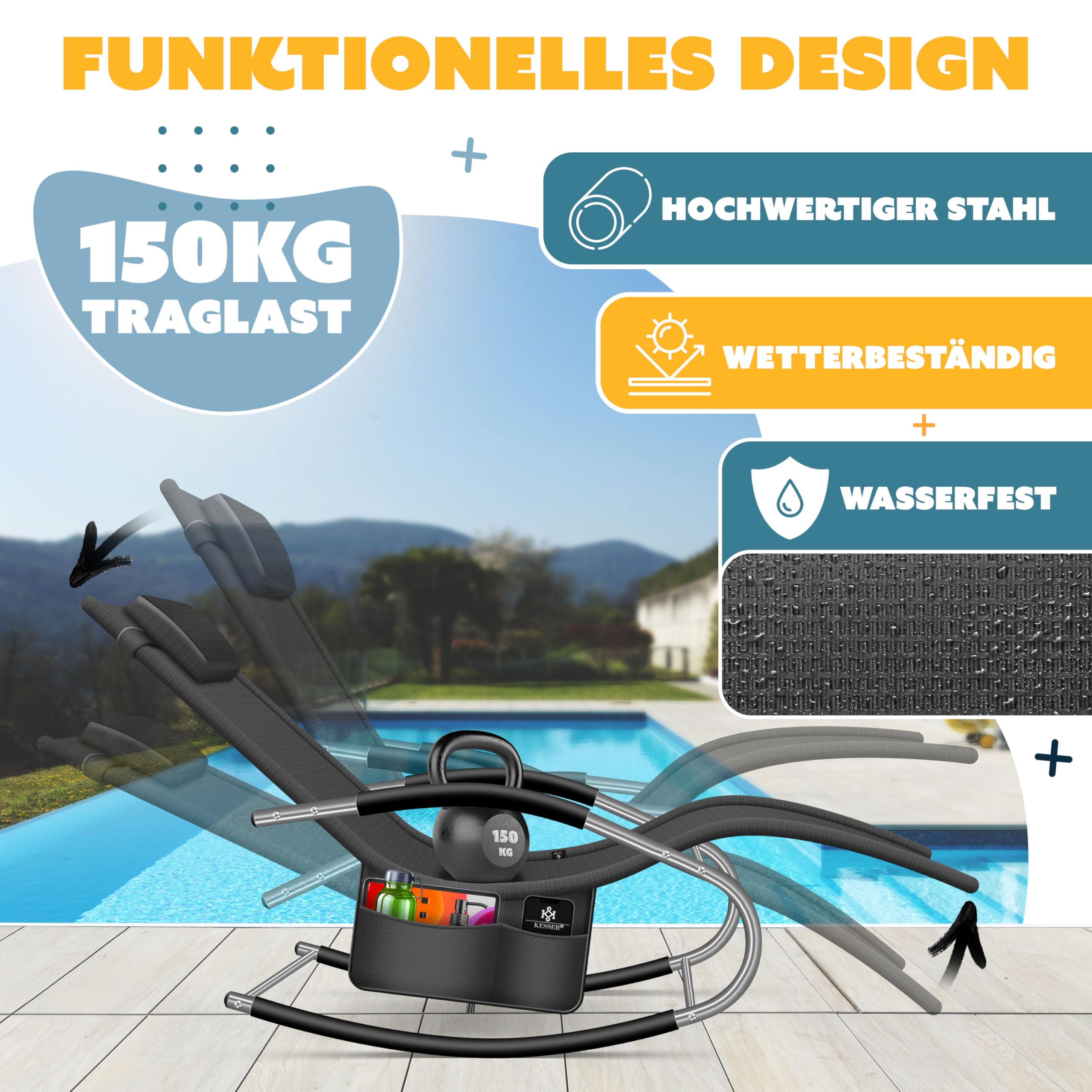 KESSER® Sonnenliege Relaxliege Schwungliege | Gartenliege | Gartenstuhl | Liegestuhl | Schaukelsessel | ergonomische Relaxsessel | Kopfkissen | wetterfest | 150 kg Belastung | Anthrazit