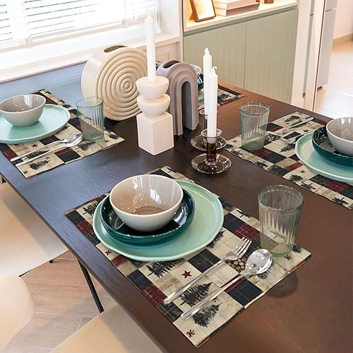 Miniatura 6 de Dining Table Placemats Set of 4-12x18 Inch Christmas Tree Plaid Print Faux Linen Double Heat Resistant Place Mats, Kitchen Table Mats, Wipeable