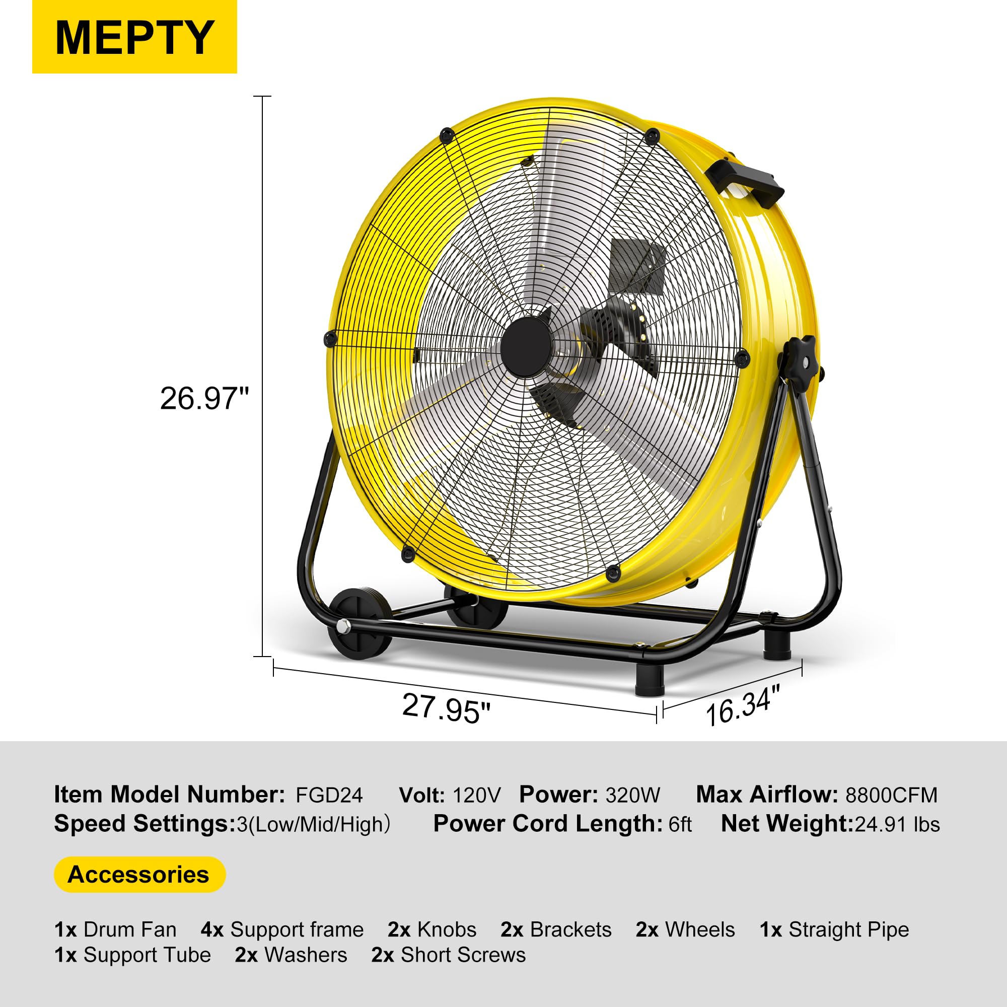 Ventilador De Tambor De 30 Pulgadas De Grado Comercial: Flujo De Aire De Alta Velocidad De 14000 CFM con Control De 3 Velocidades Y Carcasa Metálica(Black,24 Inch)