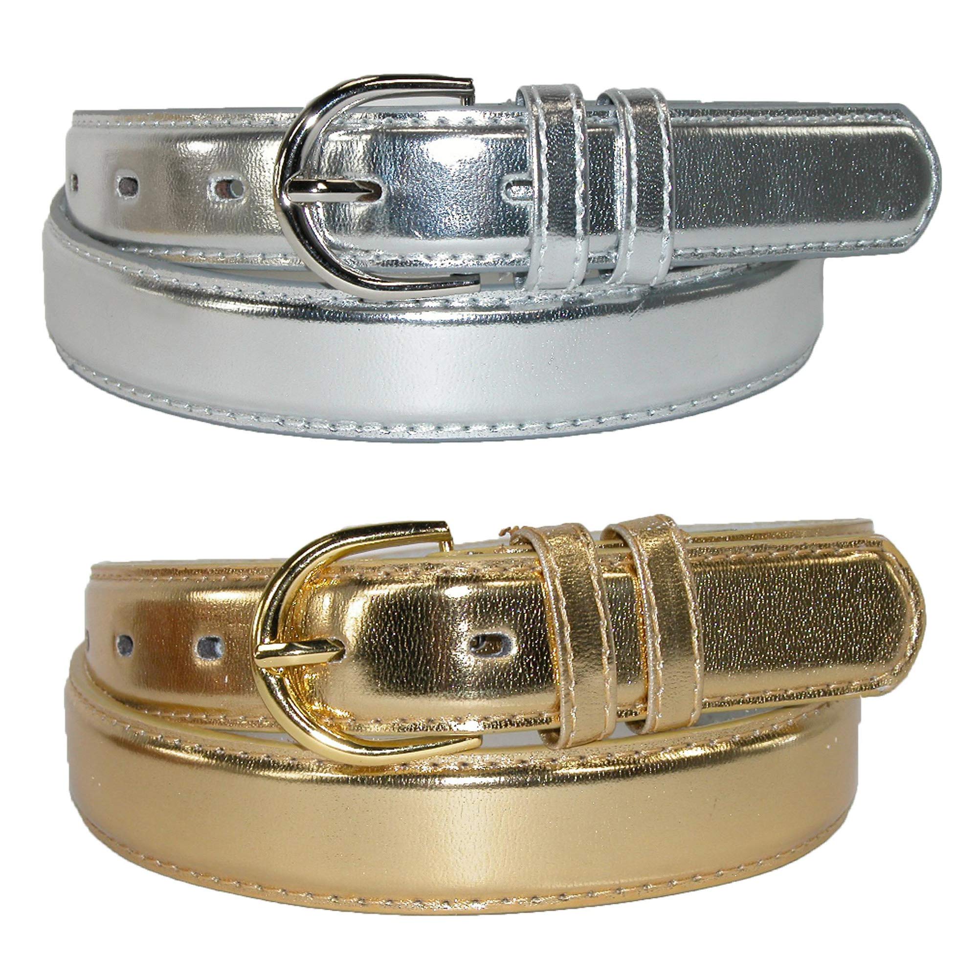 CTM Women's 28.5 mm Wide Leather Metallic Dress Belt (Pack of 2 colours), 2XL, Gold and Silver