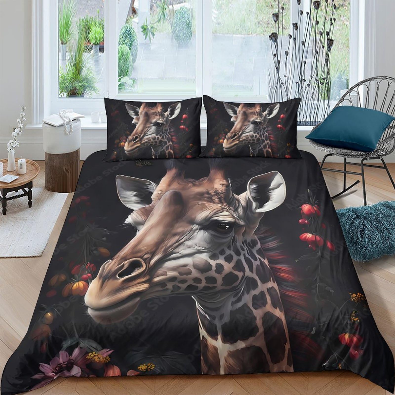 GPLZQXKJNH 3D Printed Giraffe Jungle Duvet Cover Microfiber Soft Breathable Wild Animal Bedding Set with 2 Pillowcases for Bedroom Decor Single（135x200cm）
