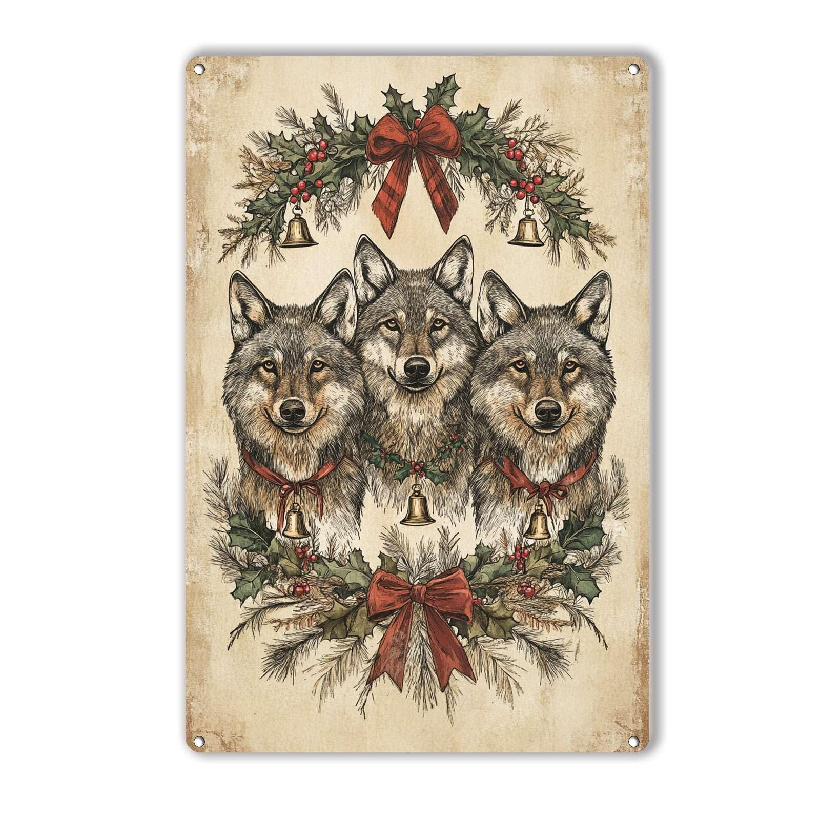 Anceky Christmas Wolf Signs Retro Metal Tin Sign Vintage Wall Decor for Outdoor Gate Window Backyard Home 12×8 Inch