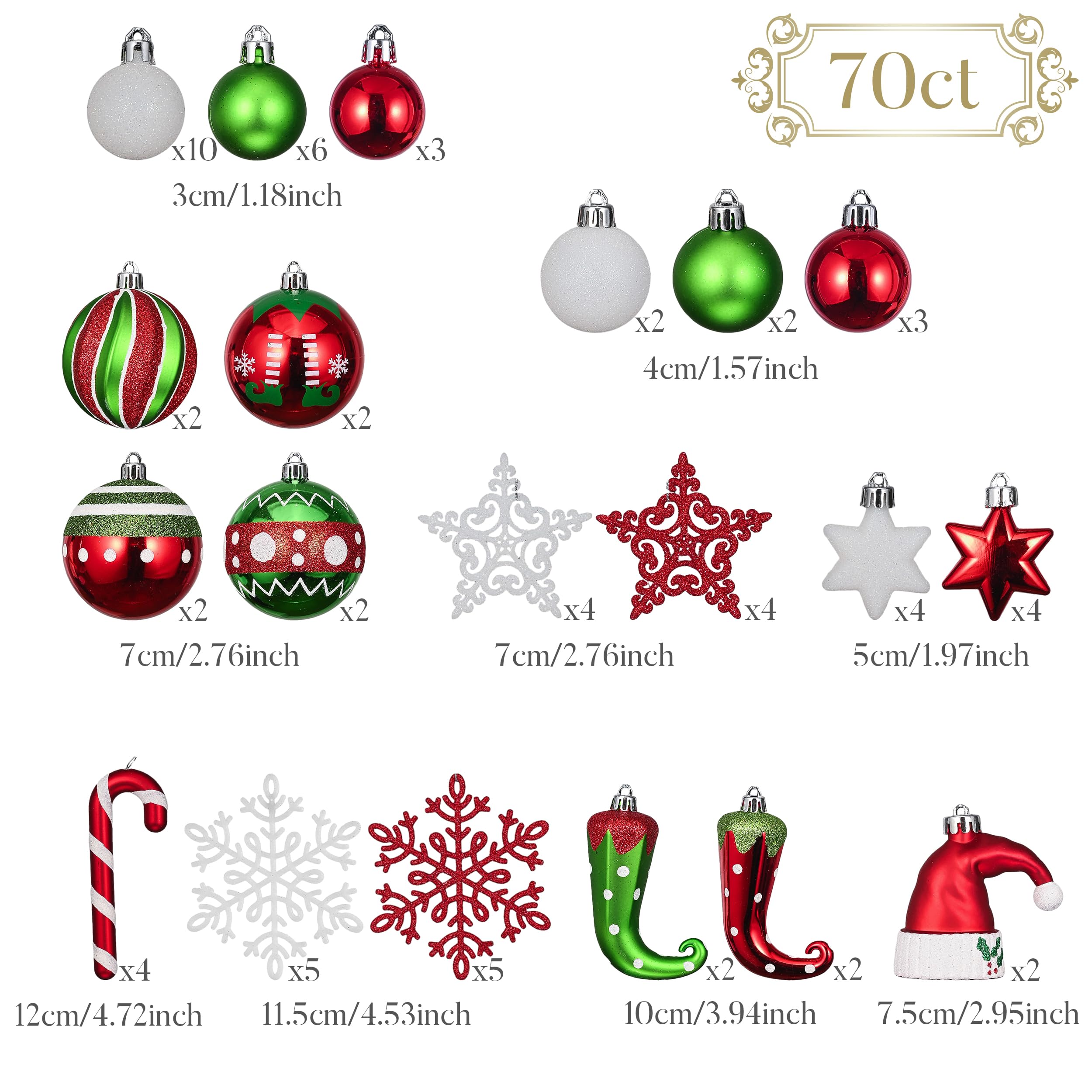 Valery Madelyn Lot de 70 décorations de Noël incassables à Suspendre pour Sapin de Noël (Rouge, Vert, Blanc)