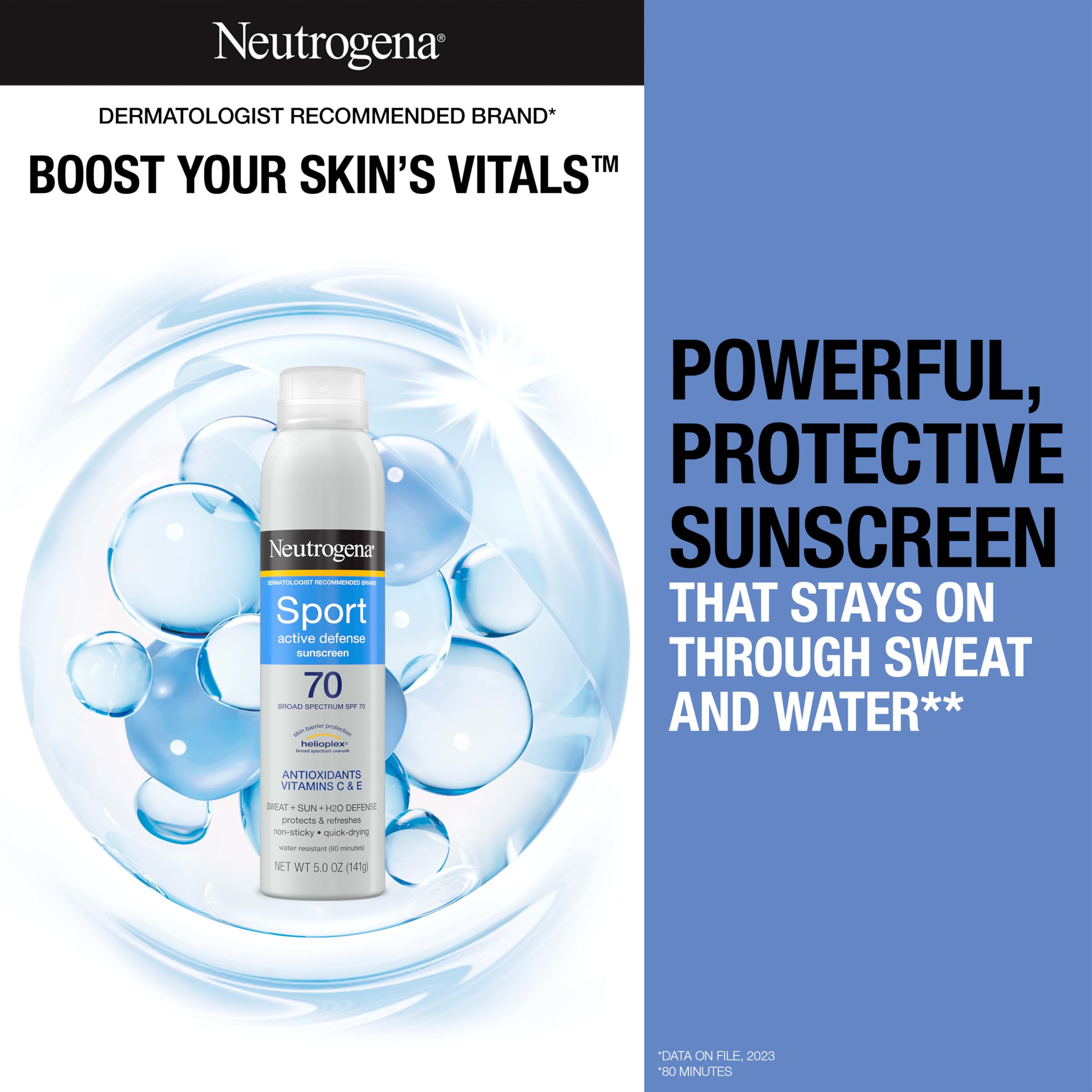 Neutrogena Sport Active Defense SPF 70 Lot de 2 sprays de protection solaire résistants à la transpiration et à l'eau avec protection du spectre large pour la prévention des rayons du soleil, sans