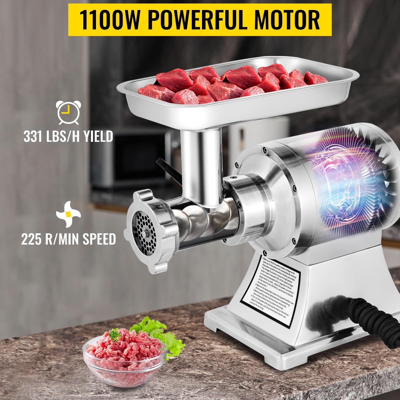 Elektryczna maszynka do mielenia mięsa, 1100W komercyjny przenośny rozdrabniacz ze stali nierdzewnej, robot kuchenny sprzęt gospodarstwa domowego Trwałość, Wydajność
