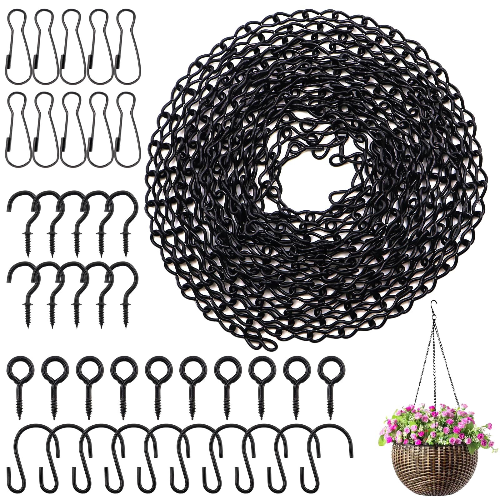 Kit Catena Per Appendere Fioriere 5 Metri, Con 10 Ganci, Clip E Occhielli, Portata 15 Kg, Per Uccelli E Vasi - 2