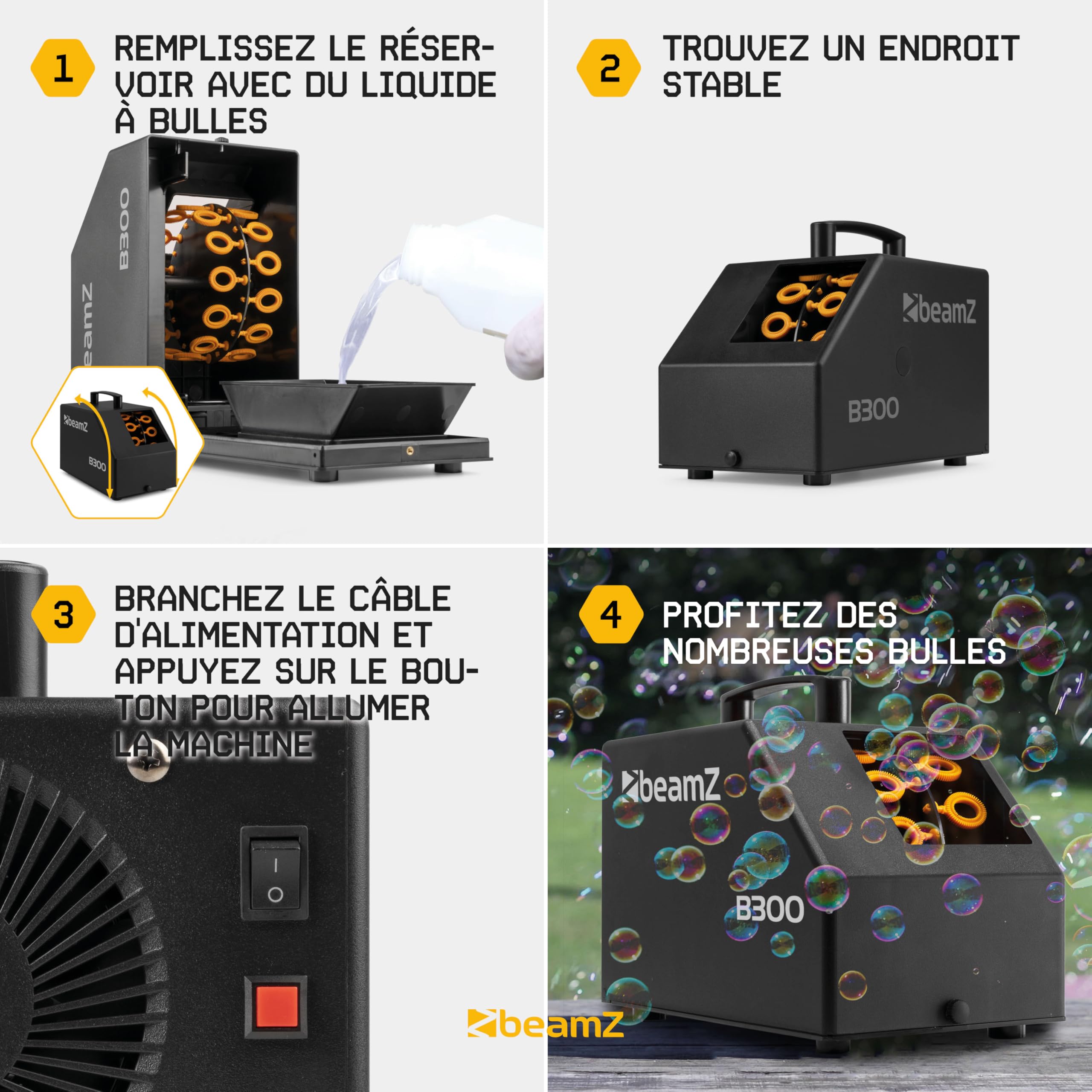 BeamZ B300 Pack Machine à Bulles Enfant/Mariage/Anniversaire avec 5L de Liquide - Double Roue, Facile à Transporter, Télécommande, Réservoir 700mL, Idéale pour Les Fêtes en Extérieur