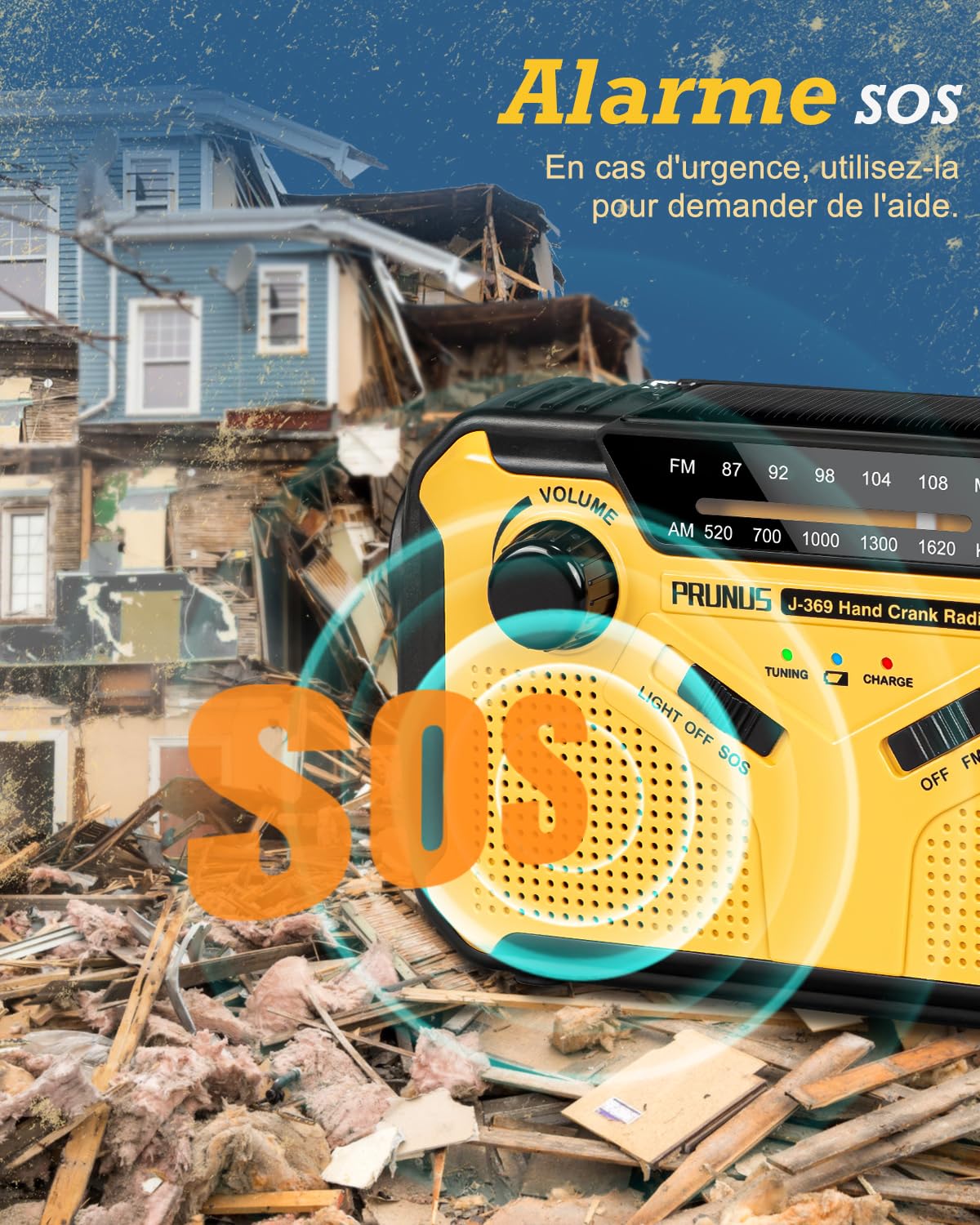 Portable Radio Dynamo Survie, PRUNUS J-369 AM/FM Radio à Pile avec 3000mAh Power Bank/SOS Alarm/Lampe Poch/Panneau Solaire, Haut-parleurs, Ourdoor, Emergency (Jaune)