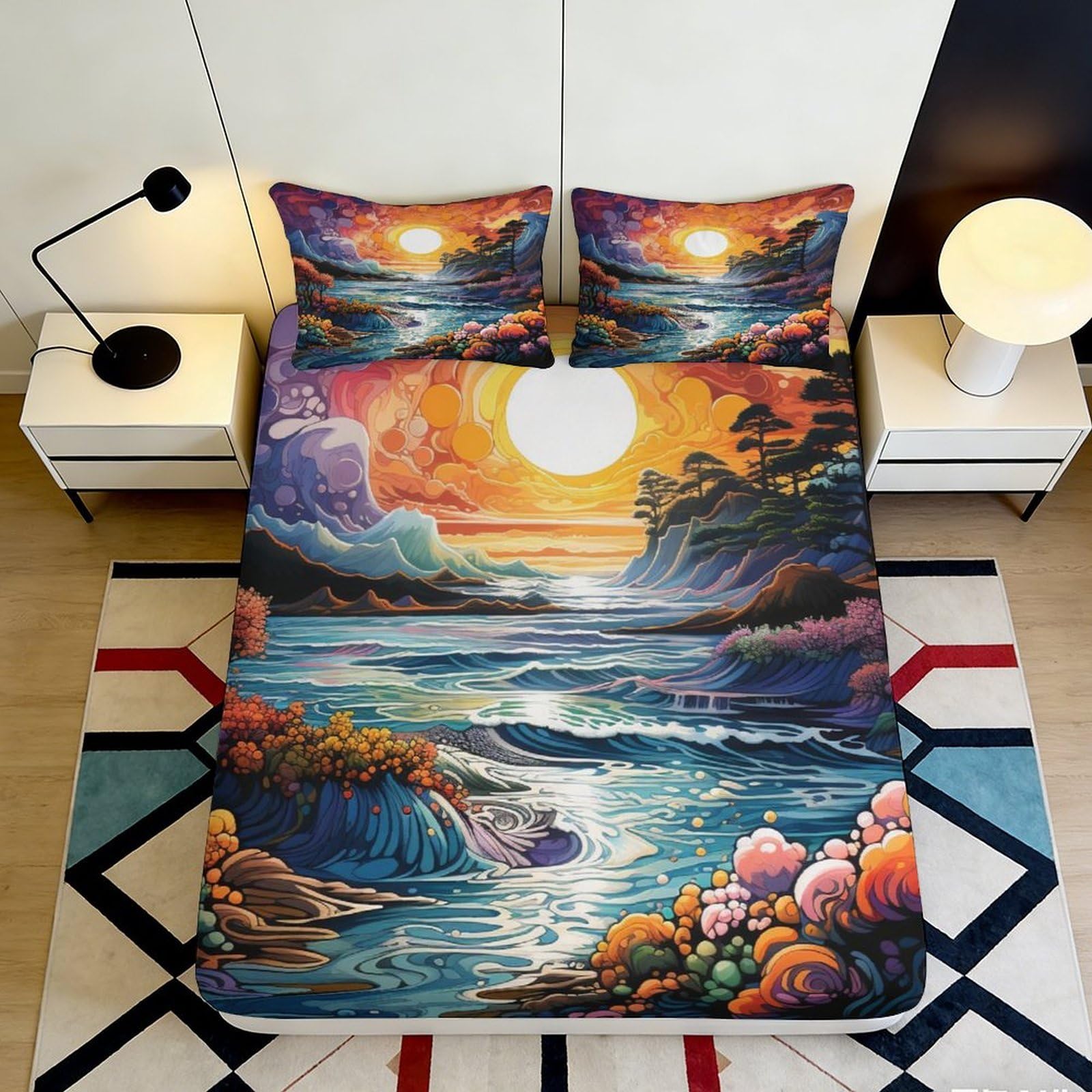 3D Printed Sunset Ocean Fitted Sheet Microfiber Artistic Landscape River Mattress Cover for Bedroom Dorm Decor 90x200x25cm