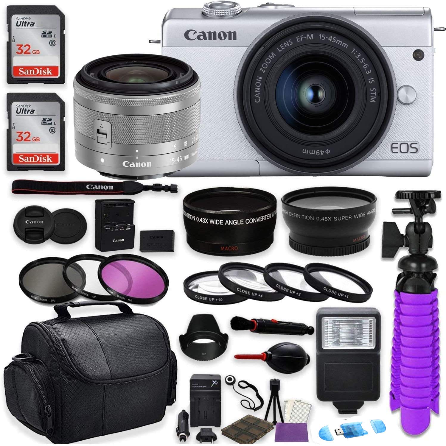 Canon EOS M200 Mirrorless Digital Camera (White) Premium Commander Optics Accessory Bundle with Canon EF-M 15-45mm is STM Lens (Silver) + CC2 Case + 64GB Memory + HD Filters + Auxiliary Lenses