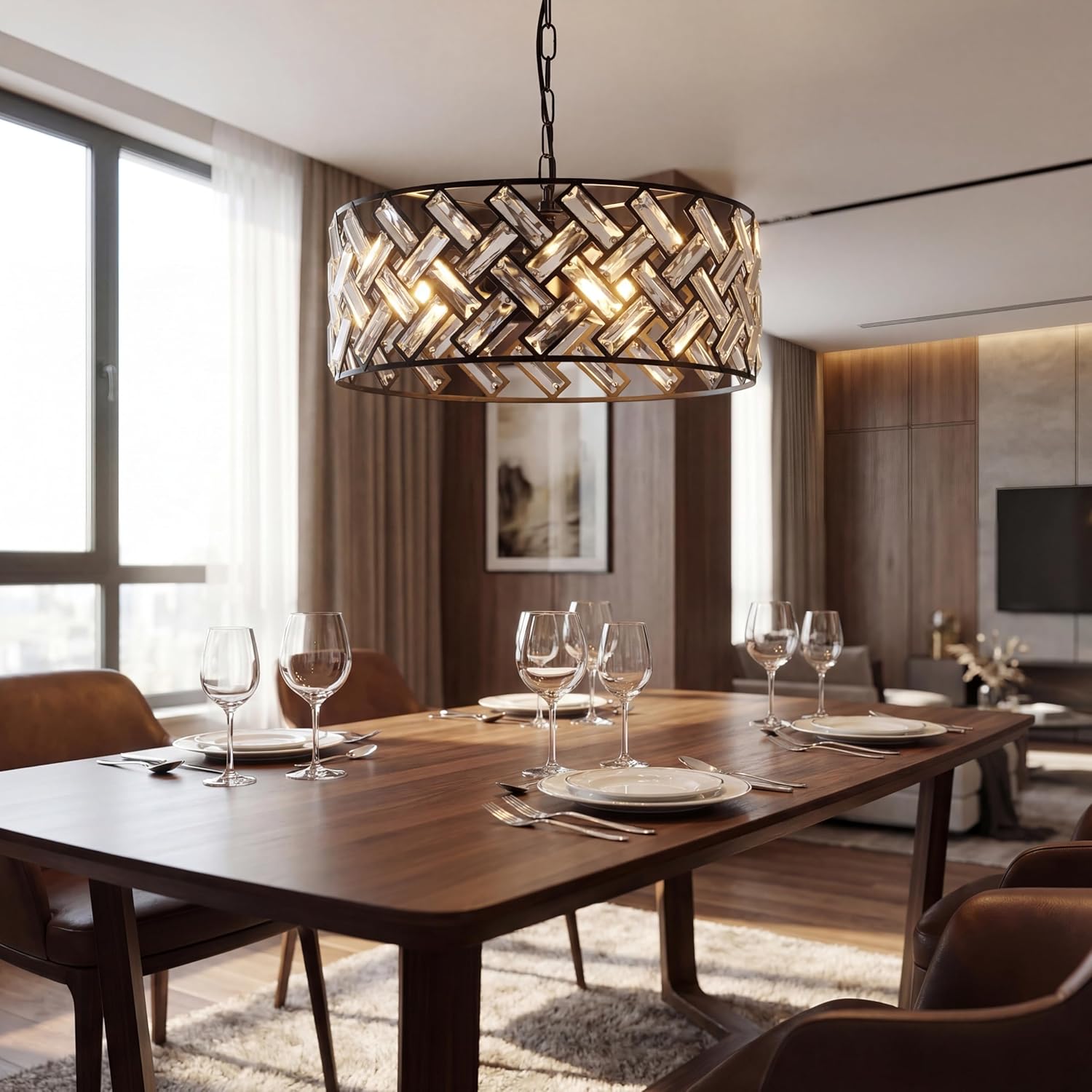 16" Modern Crystal Chandelier, Black Drum Pendant Light with Woven Metal Frame, 3-Light Industrial Ceiling Light Fixture for Dining Room, Kitchen Island, Bedroom, Foyer (E26 Base, Bulbs Not Included)