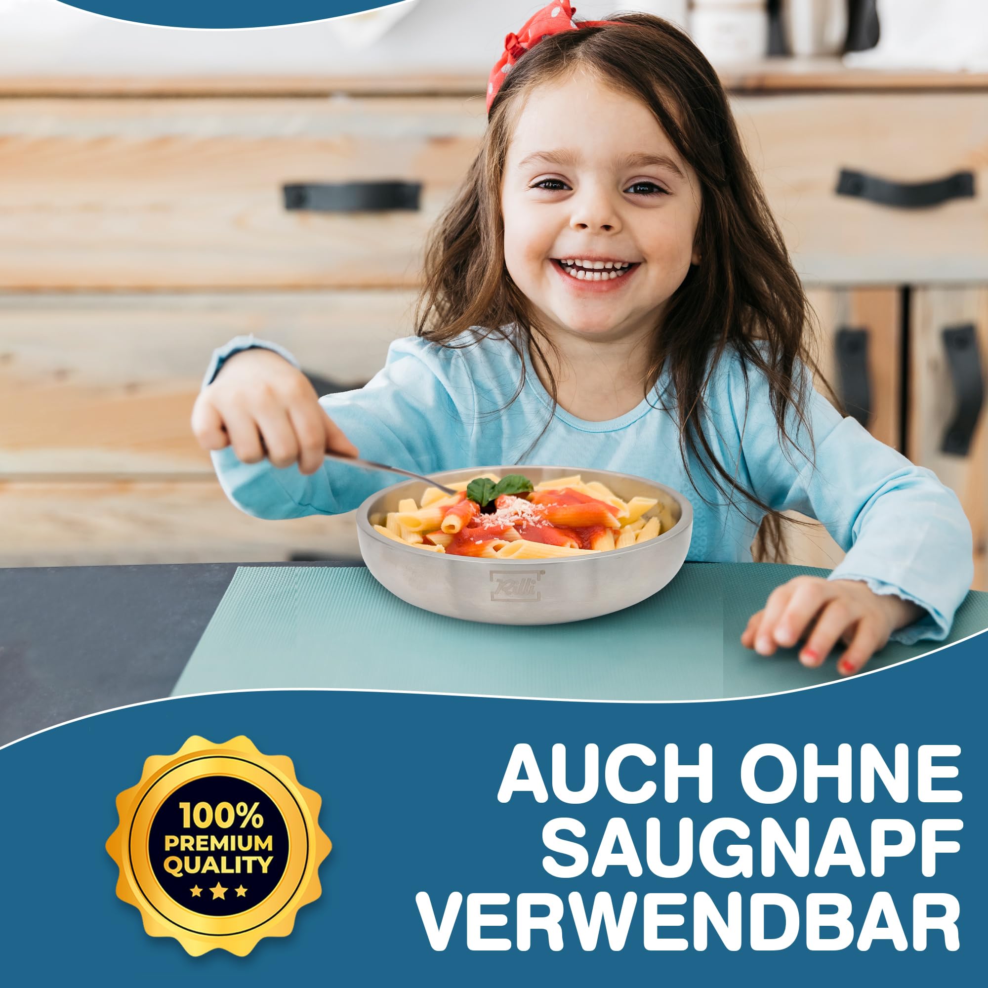 Rilli Edelstahl Teller für Babys mit Saugnapf, tiefer Kinderteller, grau | Doppelwandiger 304er Edelstahl · BPA-frei · schadstoffgeprüft · spülmaschinenfest · für BLW und Beikost