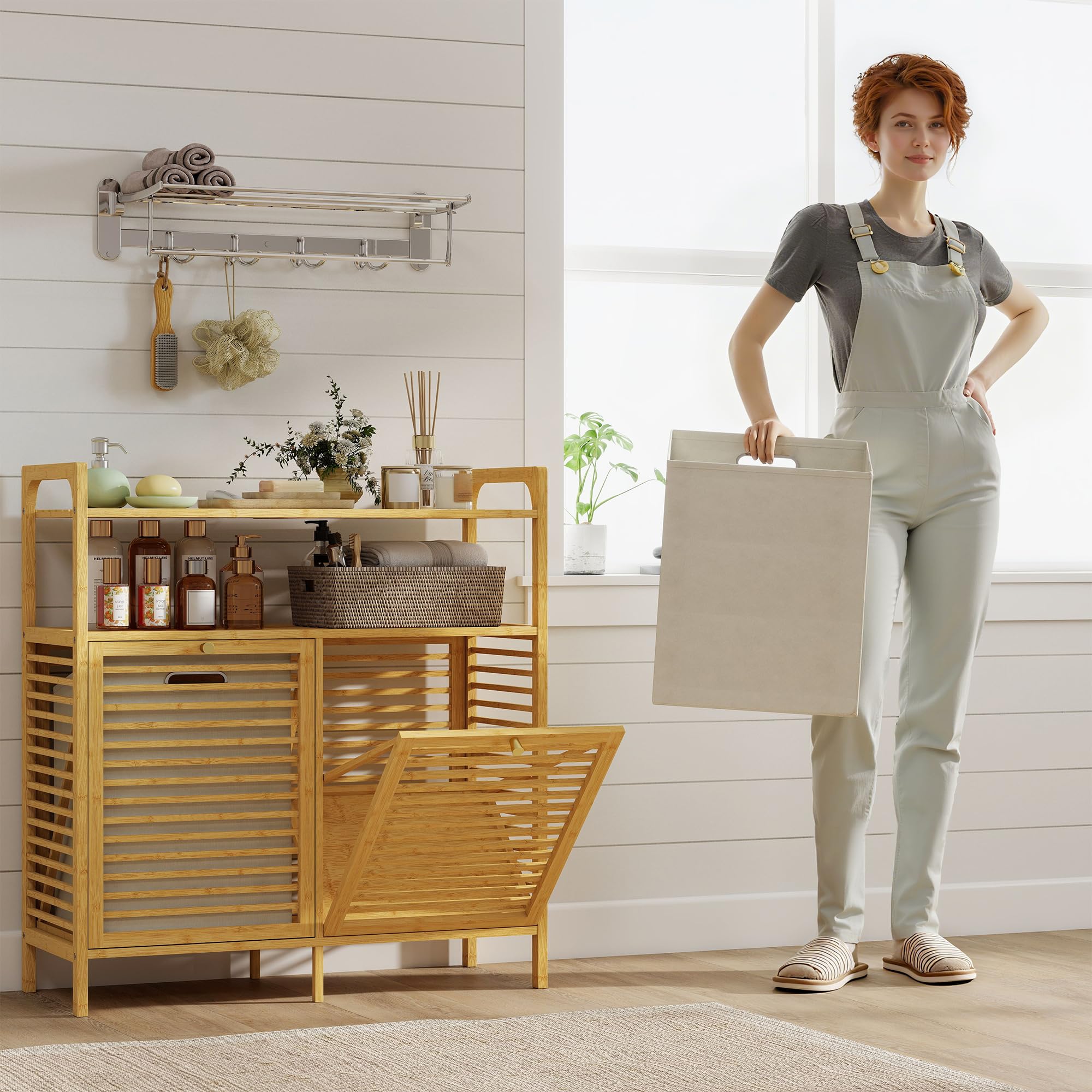 HOMCOM Mueble de Baño con Cesto Ropa Sucia 82x33x88 cm Natural y Crema | Mueble Ropa Sucia de Bambú, 2 Bolsas 2x41 L Extraíbles y Lavables con Asa, 2 Estantes Abiertos, para Lavadero