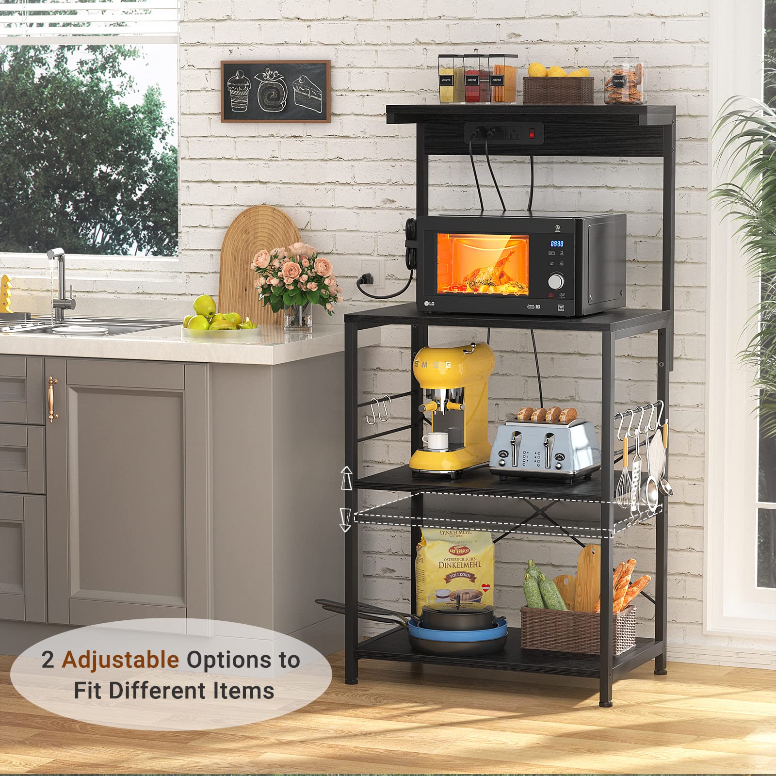 Topfurny Bakerâ€˜s Rack with Power Outlet, Microwave Stand Kitchen