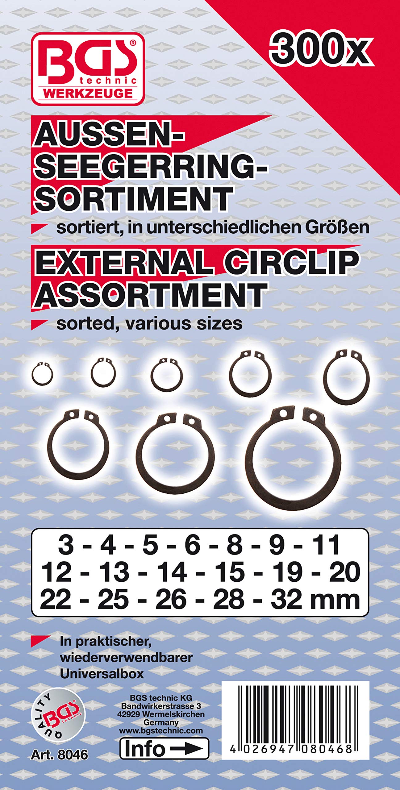 BGS Technic Pro+ Set 4 Pinze Per Anelli Di Sicurezza, 150 Mm & Technic Pro+ Confezione Da 300 Seeger Esterni Assortiti, Anneli Elastici, Dimensioni: Da 3 A 32 Mm