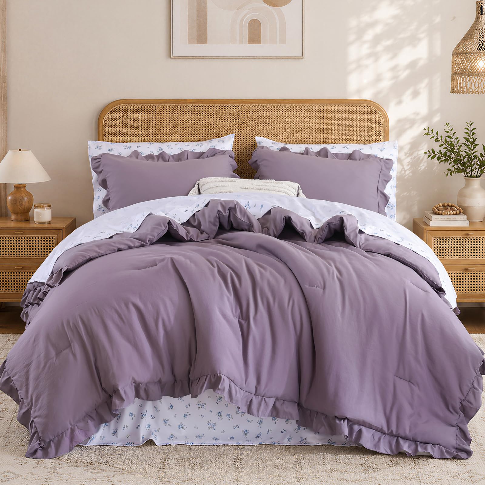 JANZAA Ruffle Queen Comforter Set - Pink Floral -10