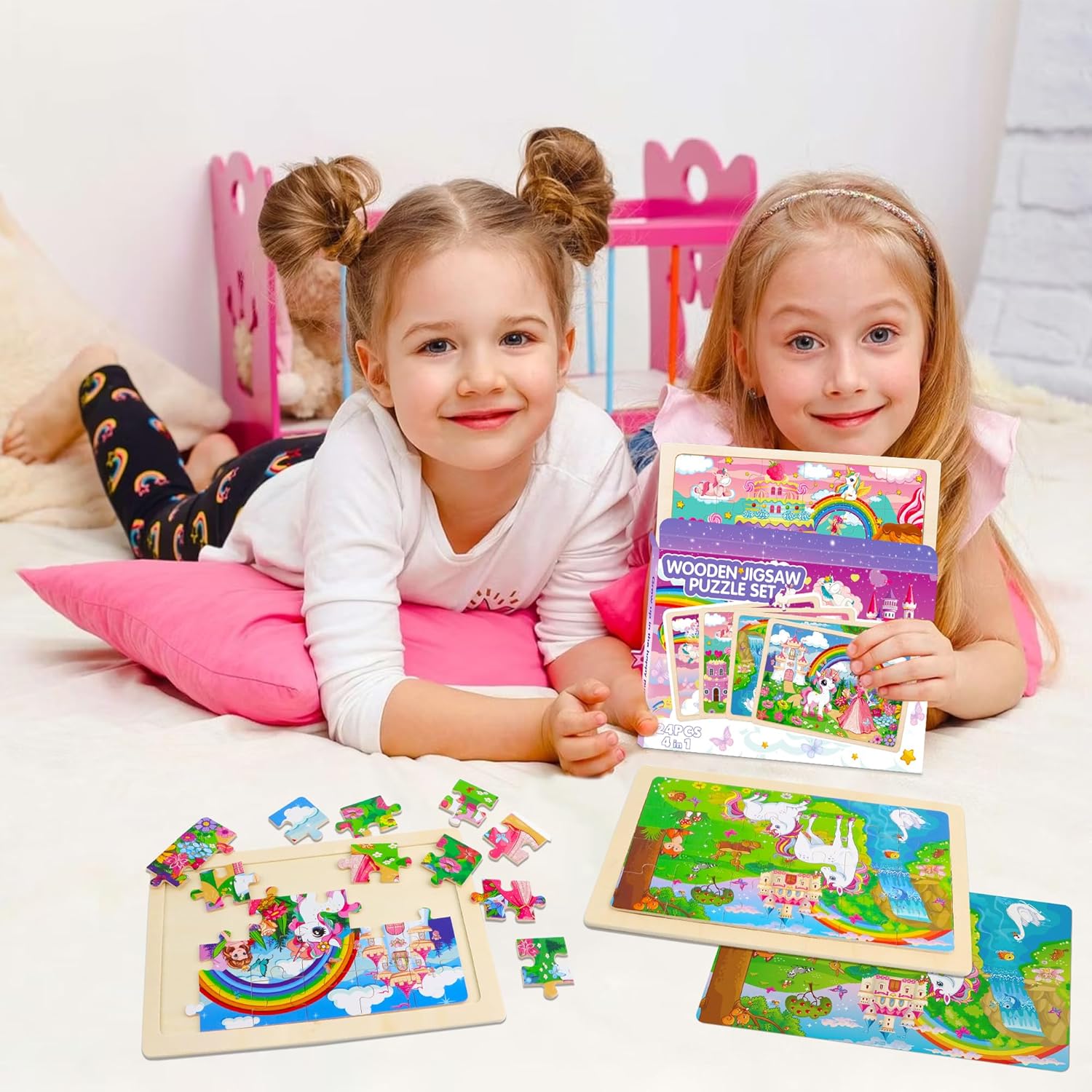 Puzzles for Kids Ages 4-6,Unicorn Princess Wooden Jigsaw Puzzles 4 Packs Puzzles for Kids Ages 3-5,24 Pcs Educational Preschool Toddler Puzzle,Unicorn Toys Gifts for 3 4 5 6 Years Old Girls Boys