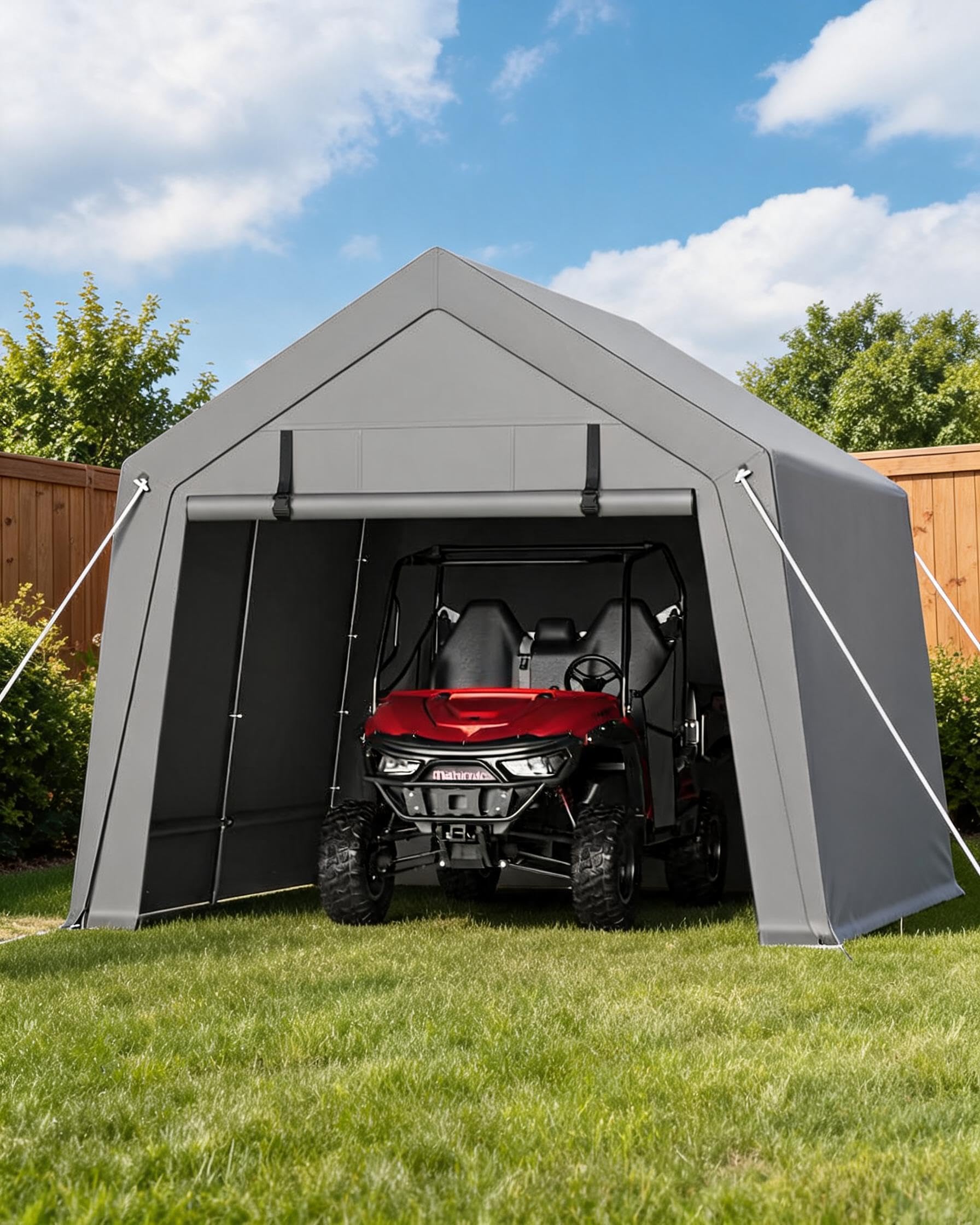 Heavy Duty Waterproof Outdoor Storage Outdoor Storage Tent – Portable Carport Garage Shelter with Roll-Up Zipper Doors, Ideal for Motorcycle, Bike, ATV, Firewood, Garden Tools – Grey, 10x10 FT