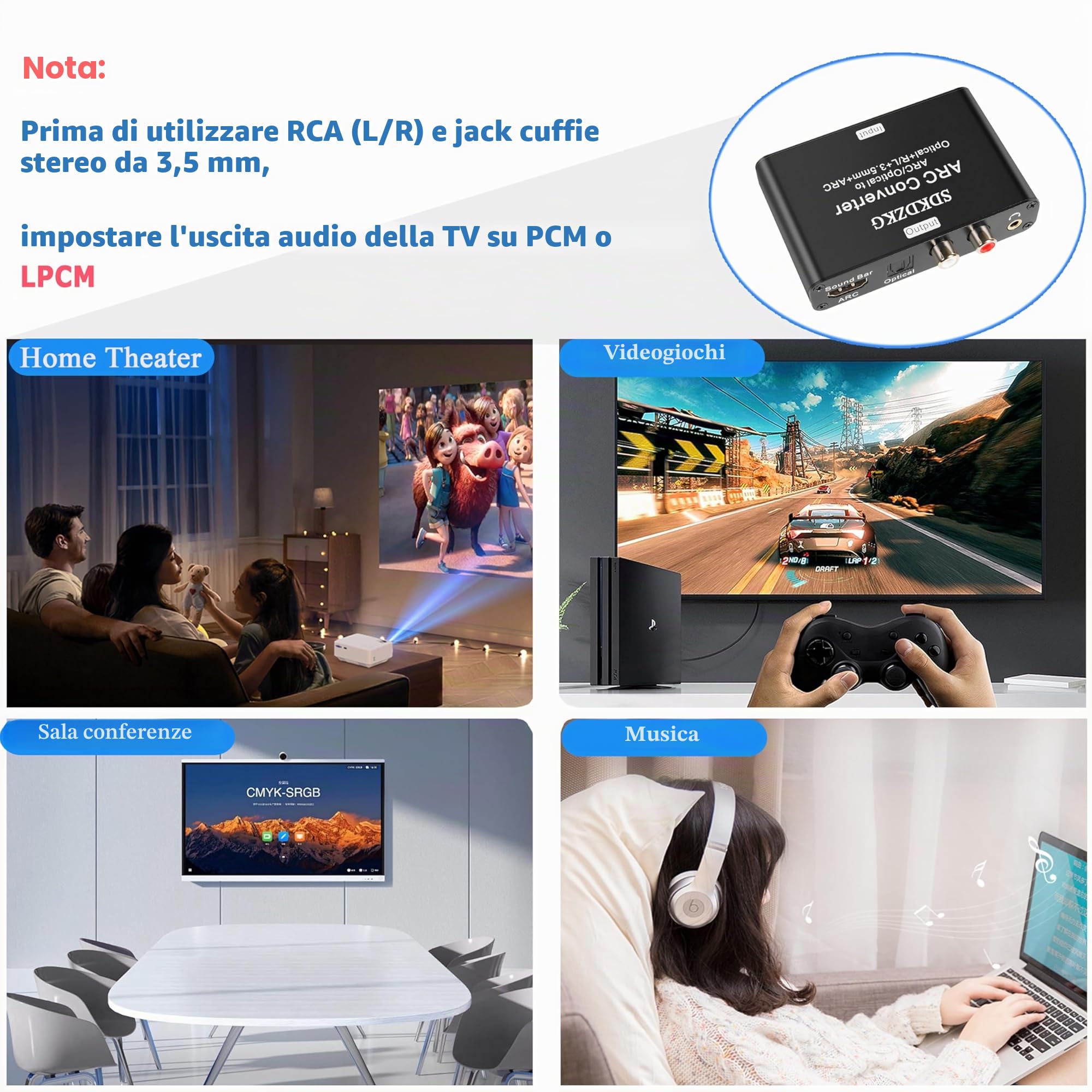 Convertitore DAC 192KHz, Adattatore estrattore audio HDMI ARC, HDMI/Digitale Ottico Toslink SPDIF a Ottico Analogico Toslink SPDIF, ARC, L/R o Jack Stereo Audio da 3,5 mm per Amplificatore TV
