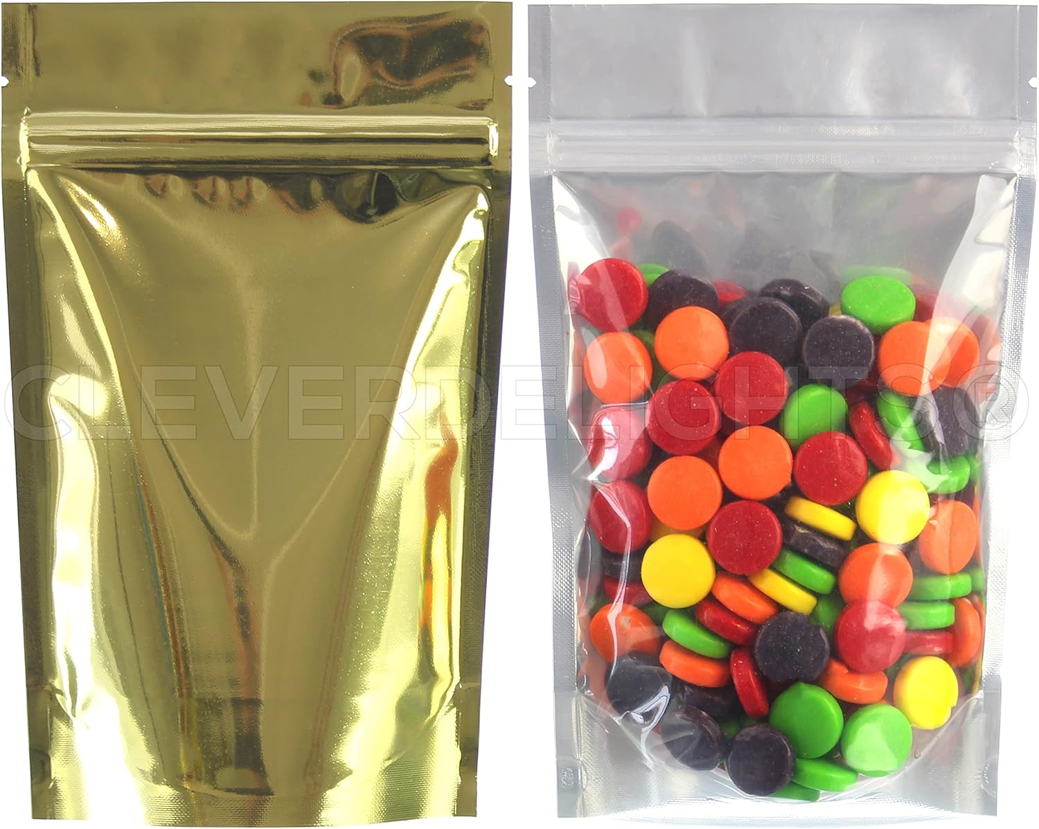 CleverDelights 2oz Gold-Back Clear-Front Stand-Up Pouches - 4 x 6 x 2 in - 1000 Pack Carton