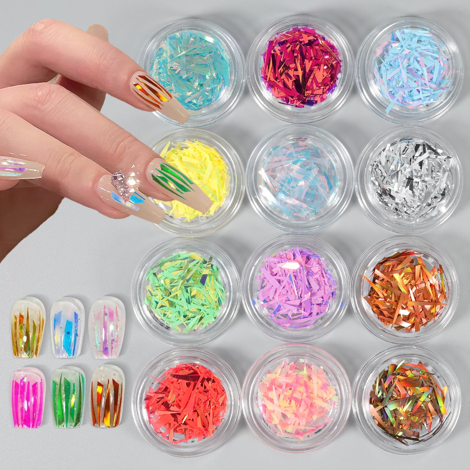 JERCLITY 12 Boxes Gradient Aurora Glass Paper Nail Sticker Foil Nail Art Holographic Colorful Glass Reflective Mirror Design Broken Glass Stripe Line Paper Nail Decals Cellophane Films Foils for Nails