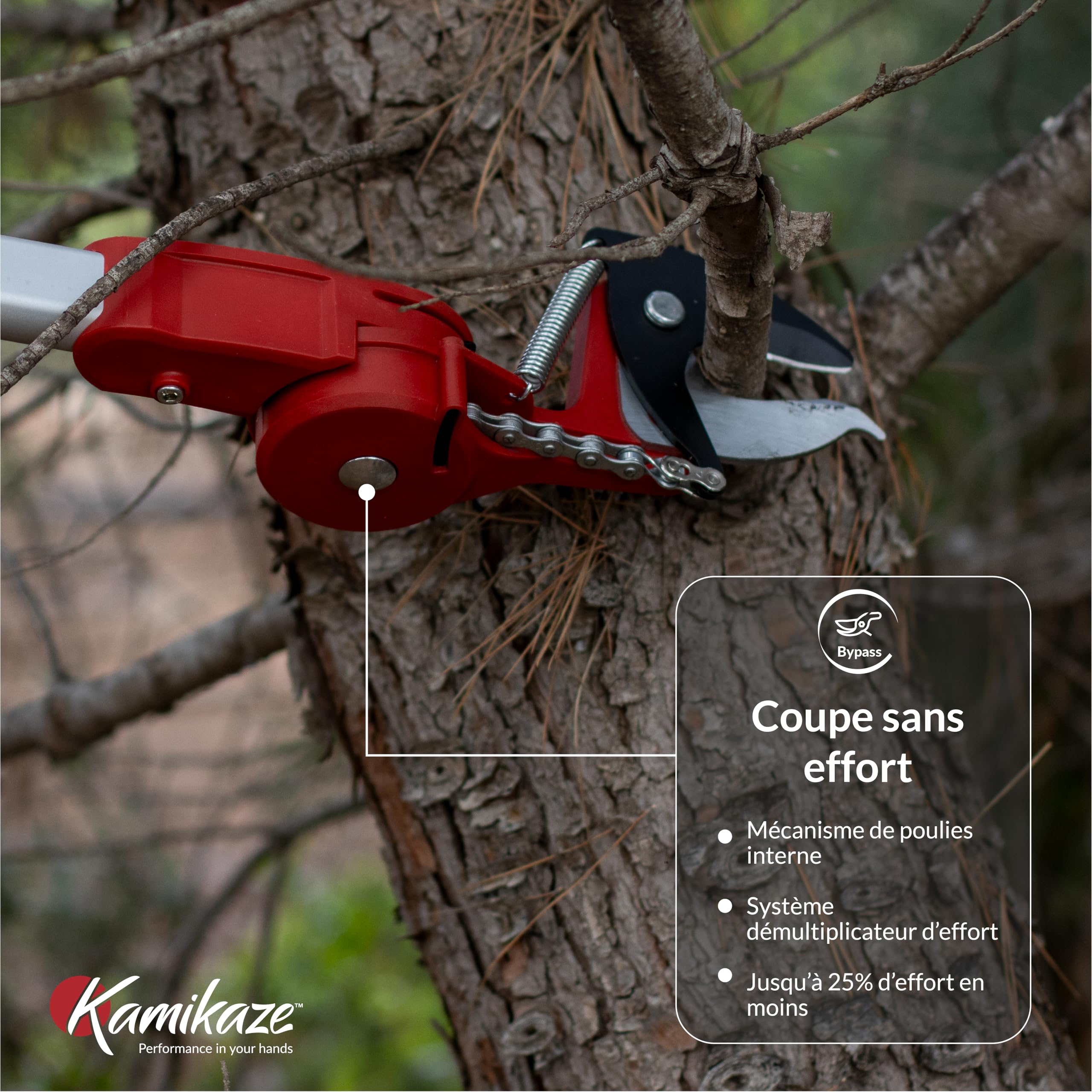 KAMIKAZE Échenilloir Coupe-Branches Télescopique jusqu'à 4 m. Mécanisme de Poulies Réducteur d'Effort. Tête Rotative et Lame en Acier SK5 avec Revêtement Antiadhésif. Sécateur Télescopique KM-63TLX