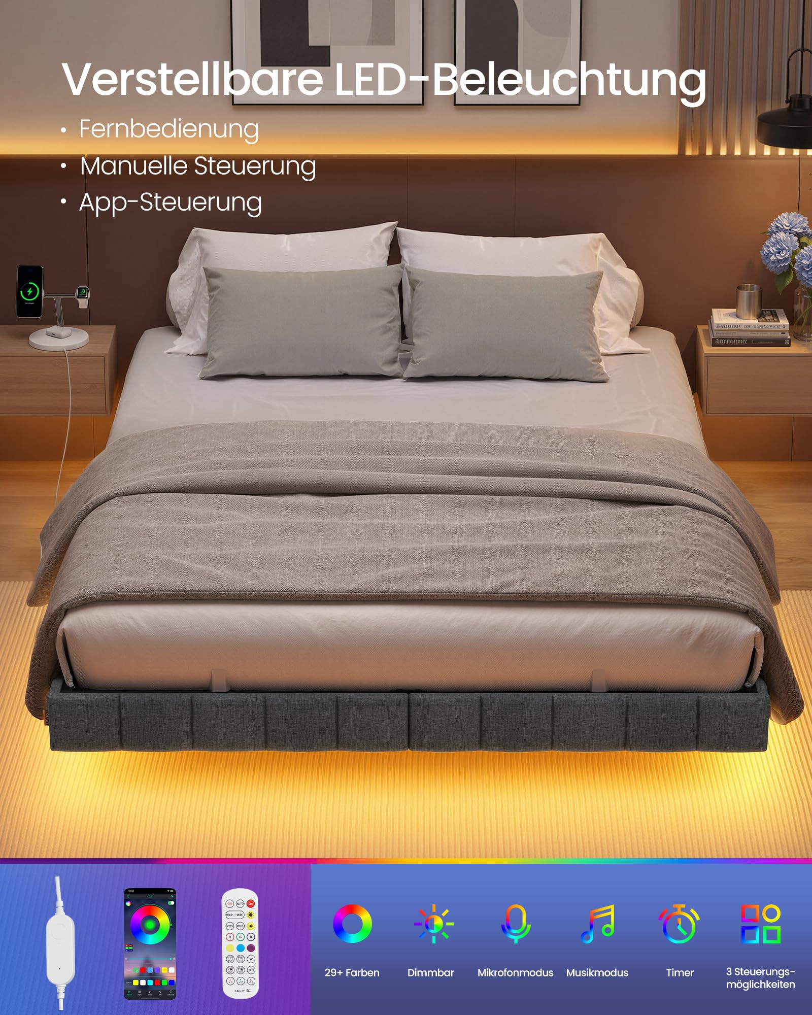VASAGLE Bettgestell 140 x 200 cm, schwebender Effekt, LED-Beleuchtung, gepolsterte Seitenwände, 2 AC-Steckdosen, 2 USB-A-Anschlüsse, 1 USB-C-Anschluss, bis 500 kg belastbar, schiefergrau RMB164G101