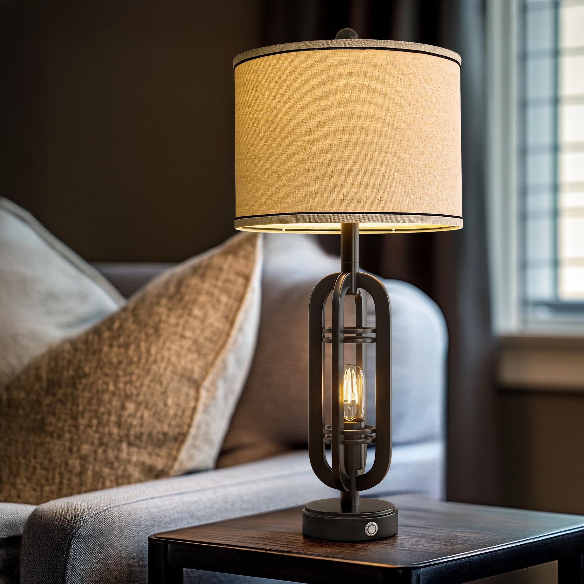 G-SAFAVA 23.75" Retro Farmhouse Black Table Lamp for Living Room Bedroom Nightstand Set of 2 Touch Control Bedside Nightlight Vintage Modern Lamp with USB C+A Ports and 2 Light Sources