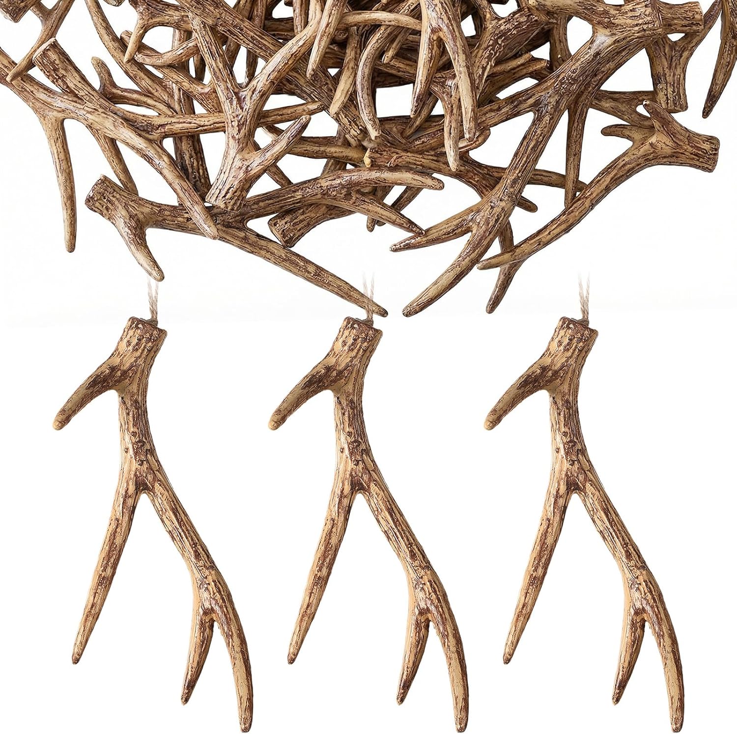 Sumind 20 Pcs Deer Antler Ornaments Reindeer Tree Ornaments Rustic Deer Antlers Reindeer Hanging Decoration for Hunter Craft Tree Woodland Holiday Party Favors(4 Tines,Camel Color)