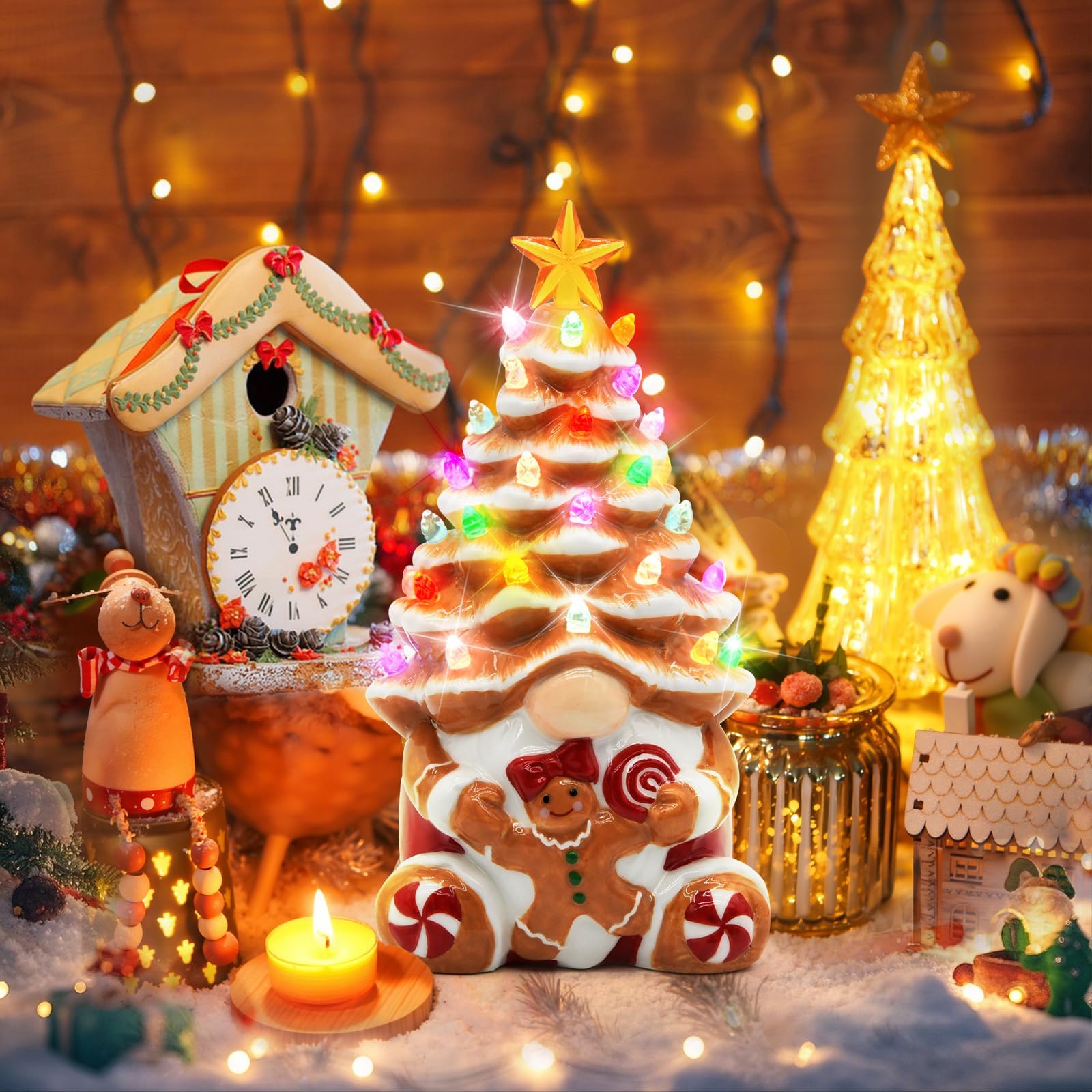 Décorations de Noël en forme de bonhomme en pain d'épices pour l'intérieur, nain de Noël lumineux en céramique, décoration de table de cuisine rustique, pour femme, famille, amie