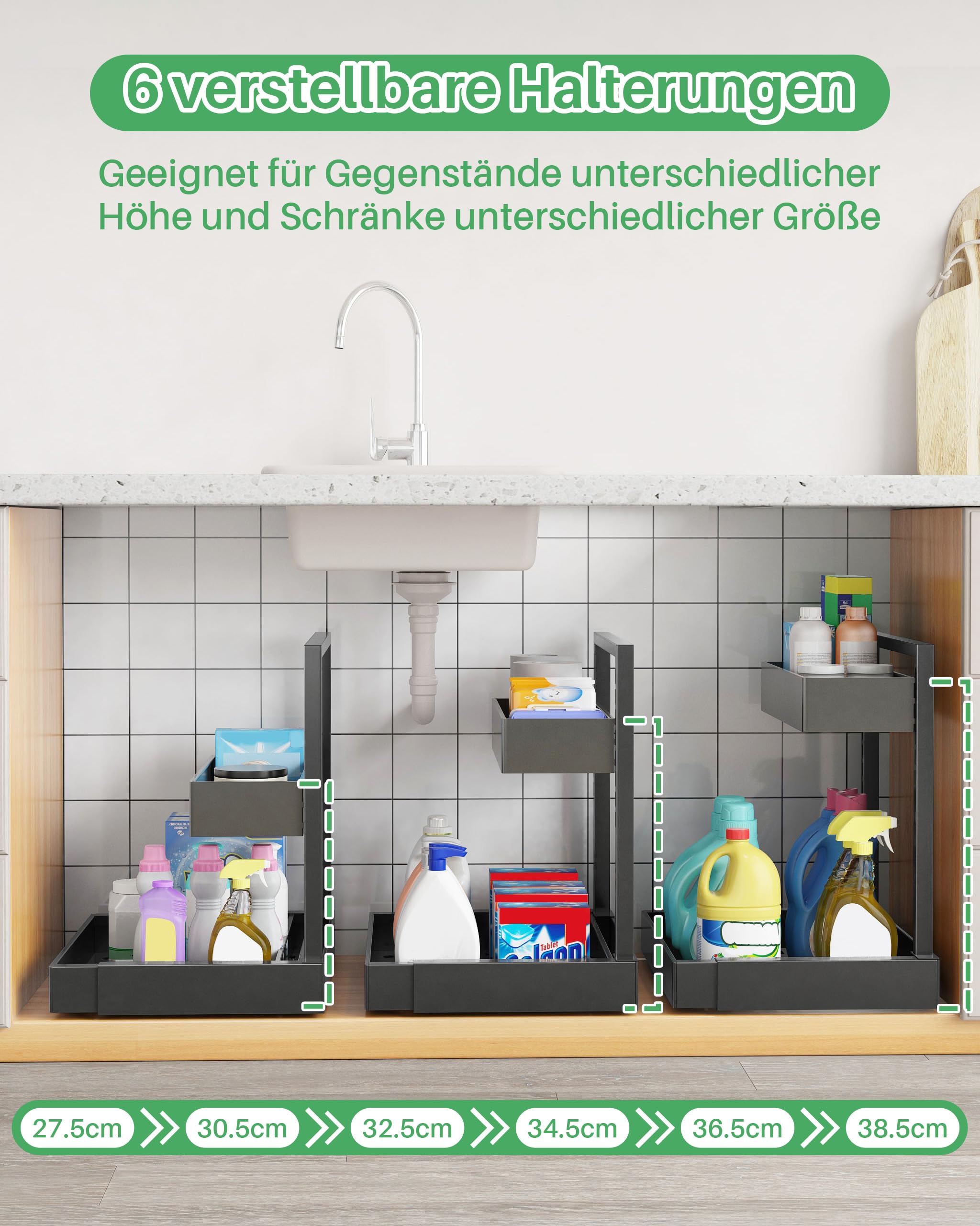 UMDONX Spülbecken Küche Organizer 2-stöckiger Unter Waschbecken Regal Ausziehbarer Spülschrank Organizer,Schwarz