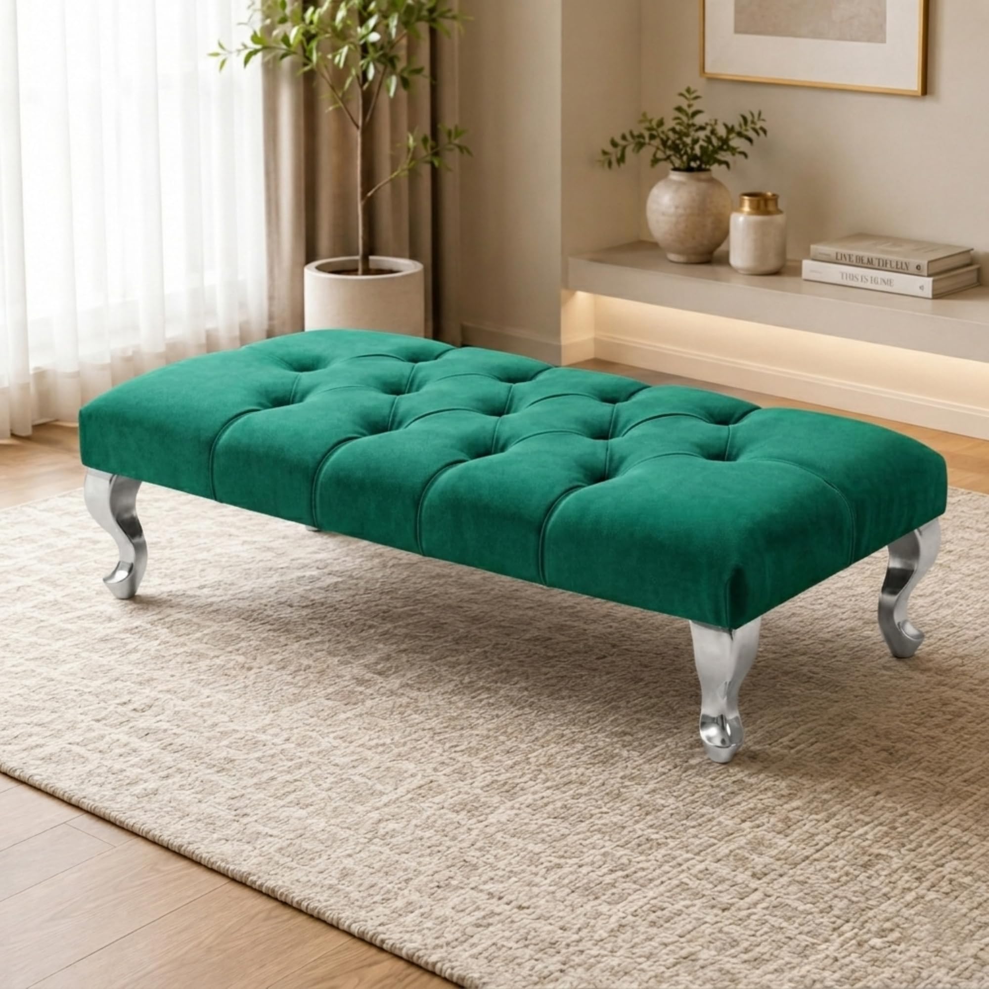 Luxury Chesterfield Velvet Footstool Bench with Silver Legs, Green — image 1