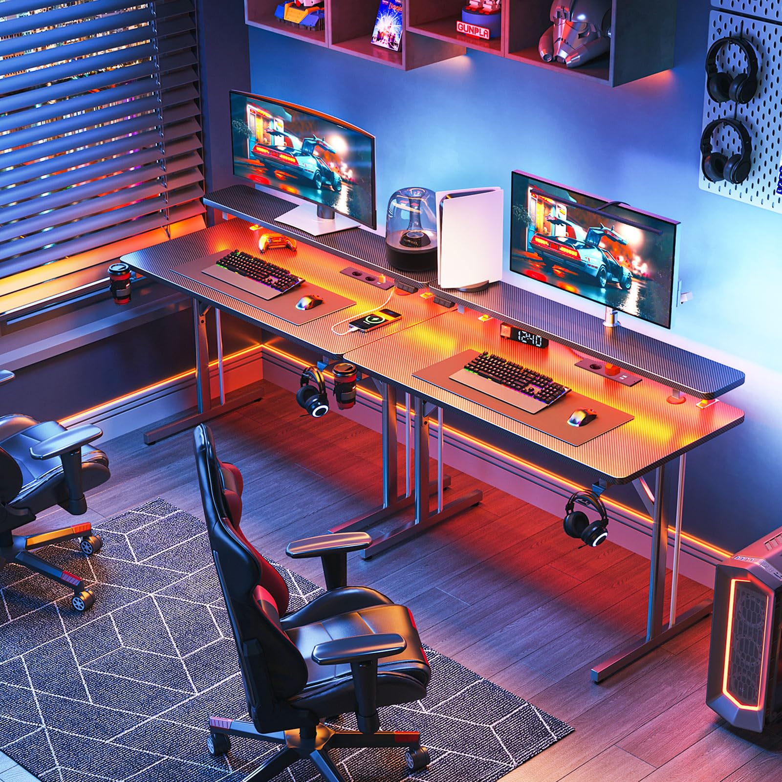 ODK Bureau Gaming avec Lumières LED, 80cm Bureau Gamer avec Support de Moniteur, Table Gaming avec Porte-Gobelet et Crochet pour Casque D'écoute, Fibre de Carbone Noir