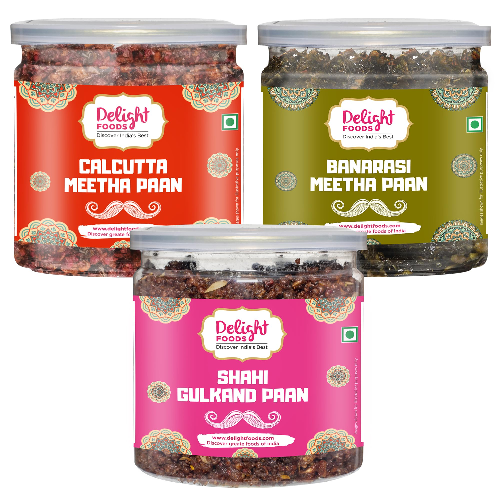 - Delight Foods Calcutta Meetha, Banarasi Meetha Paan & Gulkand Paan 900grams (300g x 3) | Without Supari |Sweet Hygienically Packed Jar | Traditional Mukhwas | Mouth Fresheners