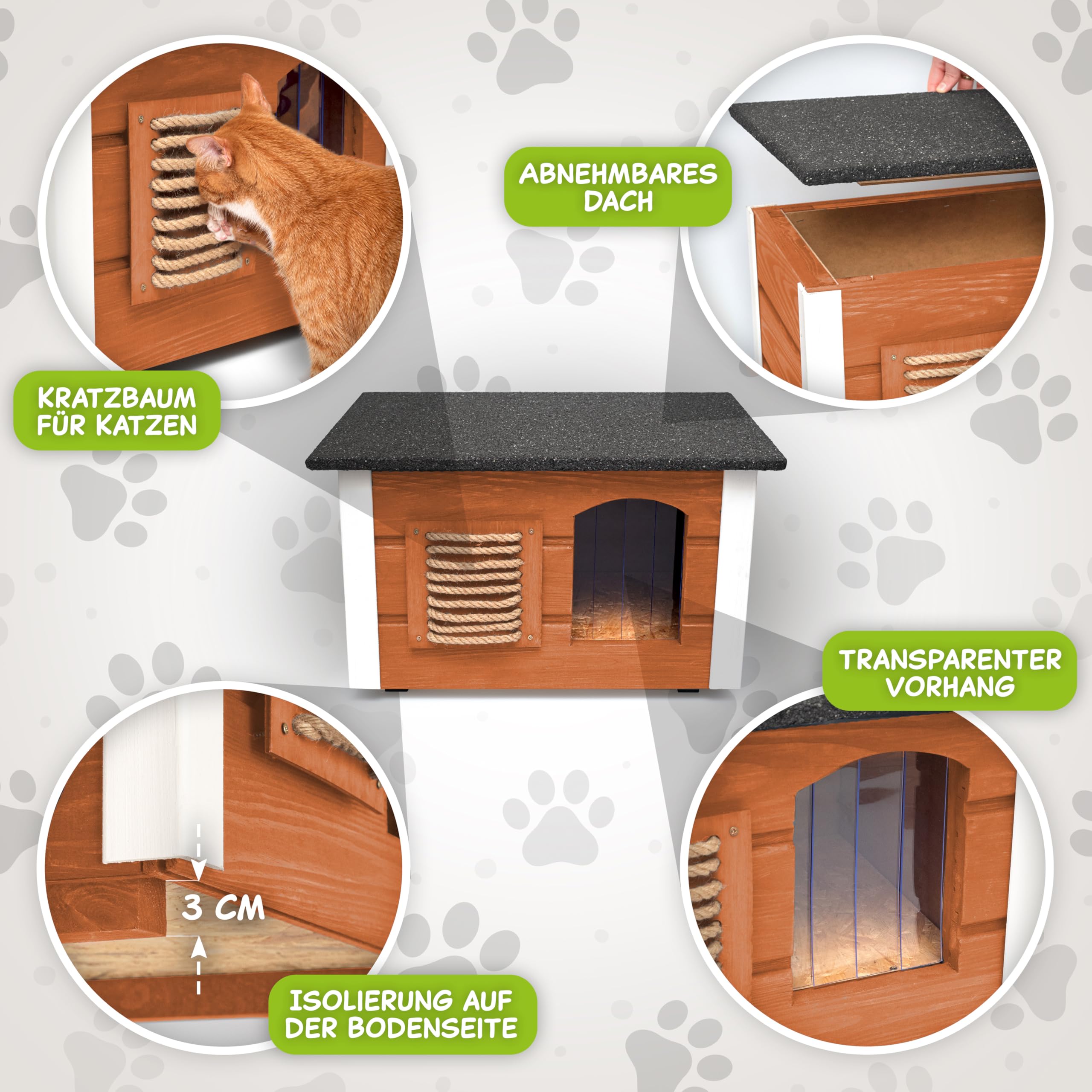 Outentin Katzenhaus Outdoor Winterfest - Katzenhäuschen für Draußen - Isolierte Schutzhütte - Wasserdicht und Wetterfest - Katzenhütte für Draußen - 61 X 39 X 36 cm (Teak)